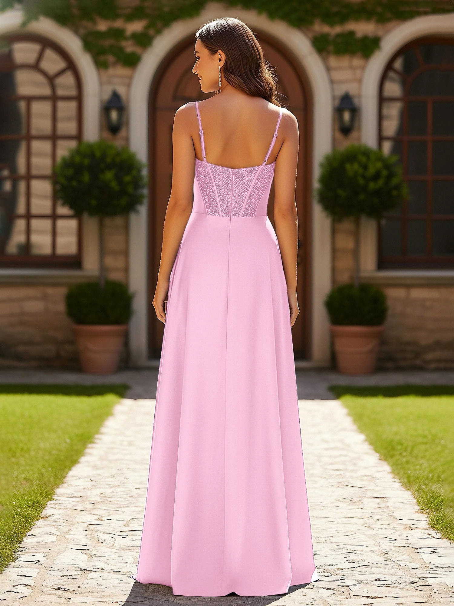 Perlen Korsett Oberteil Kleid mit hohem Beinschlitz Bonbonrosa - Image 2