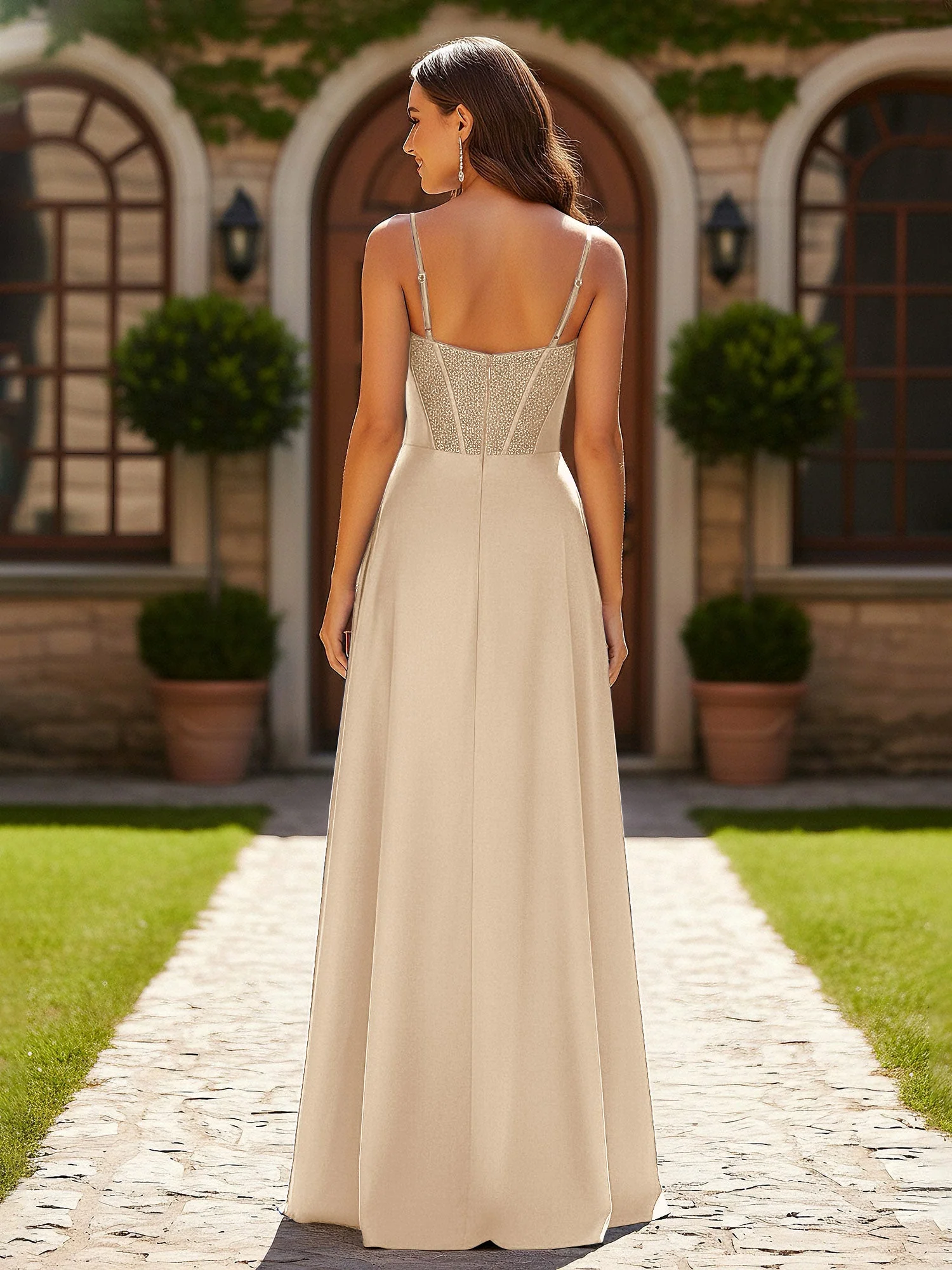 Perlen Korsett Oberteil Kleid mit hohem Beinschlitz Champagner - Image 2