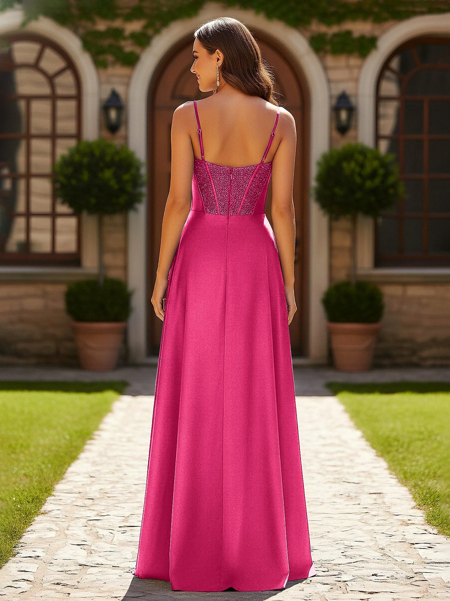 Perlen Korsett Oberteil Kleid mit hohem Beinschlitz Fuchsia - Image 2
