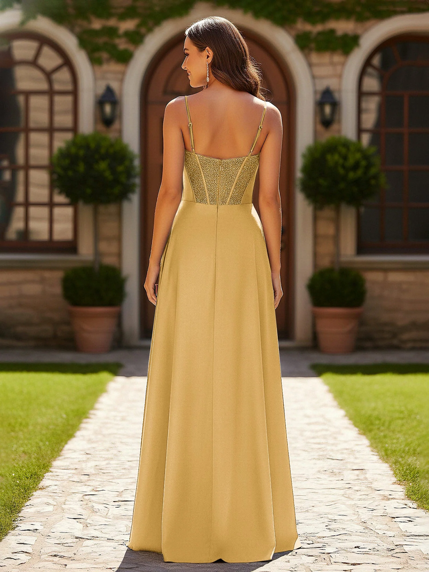 Perlen Korsett Oberteil Kleid mit hohem Beinschlitz Gold - Image 2