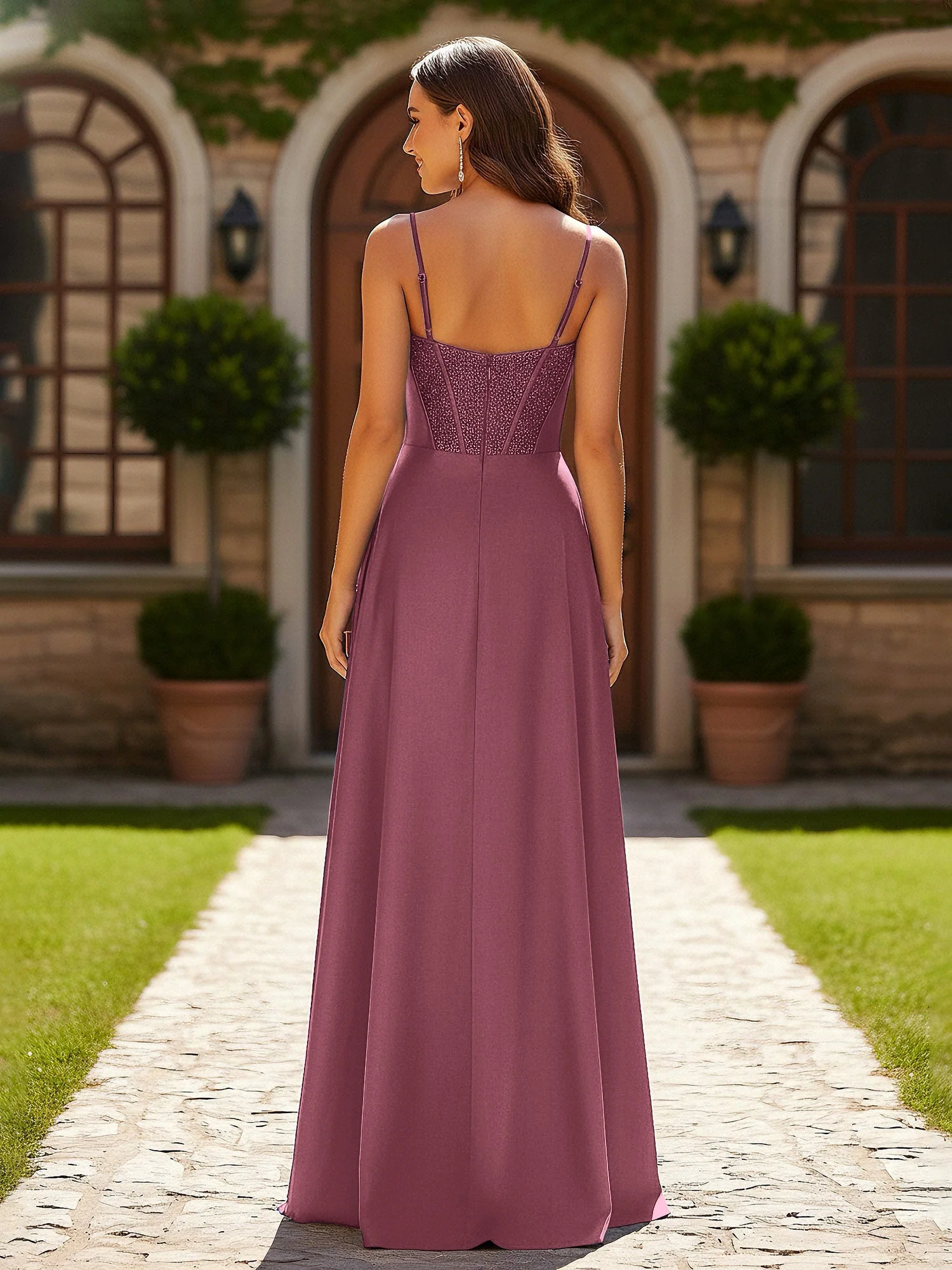 Perlen Korsett Oberteil Kleid mit hohem Beinschlitz Maulbeere - Image 2