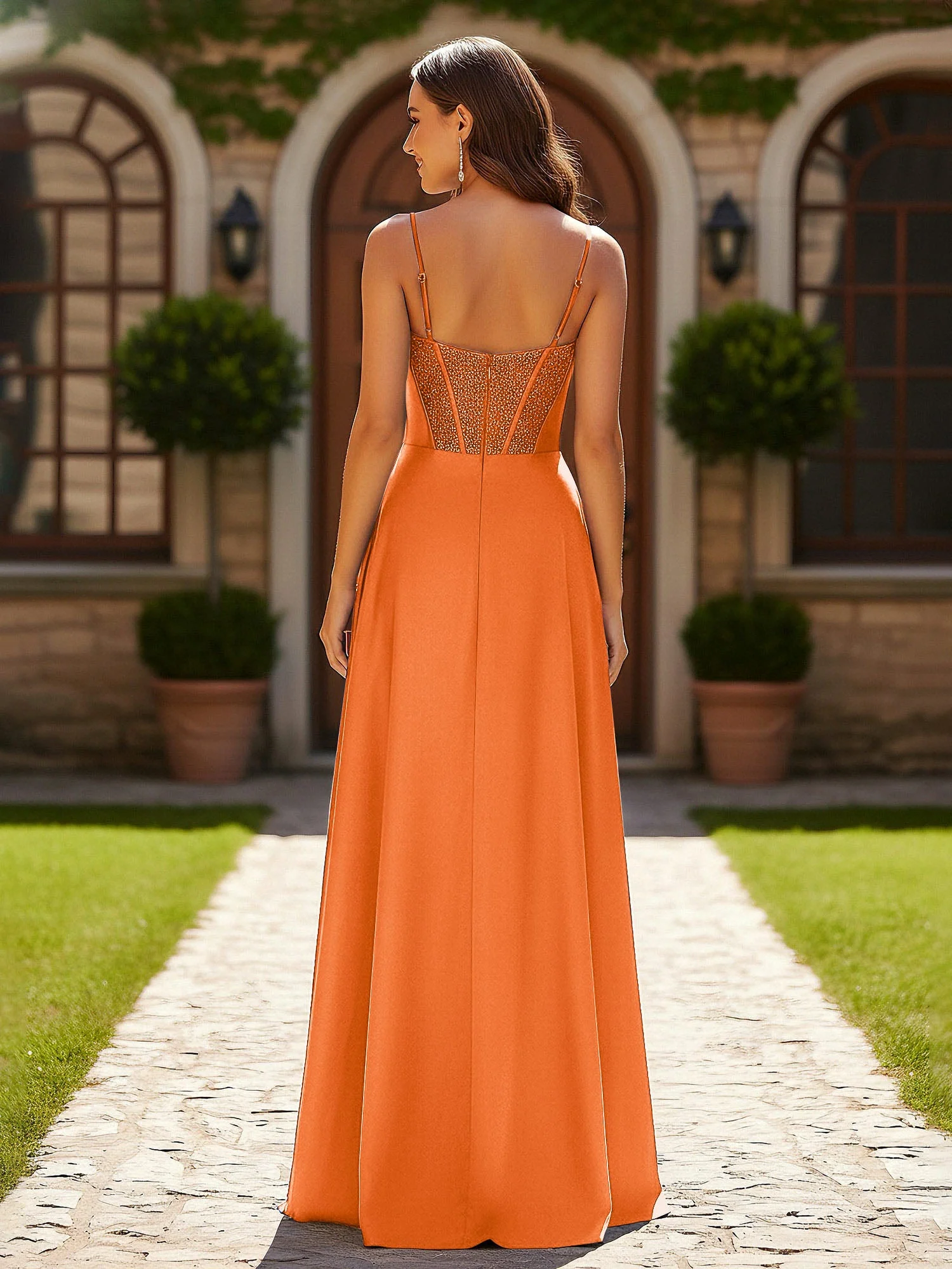 Perlen Korsett Oberteil Kleid mit hohem Beinschlitz Orange - Image 2