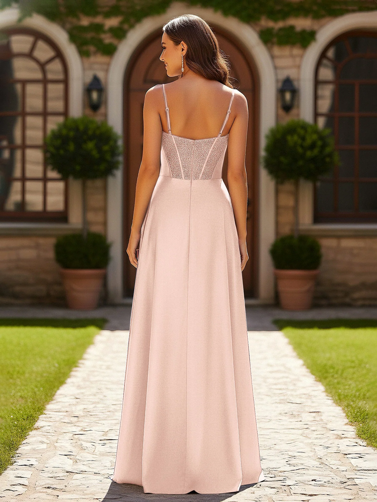 Perlen Korsett Oberteil Kleid mit hohem Beinschlitz Perlrosa - Image 2