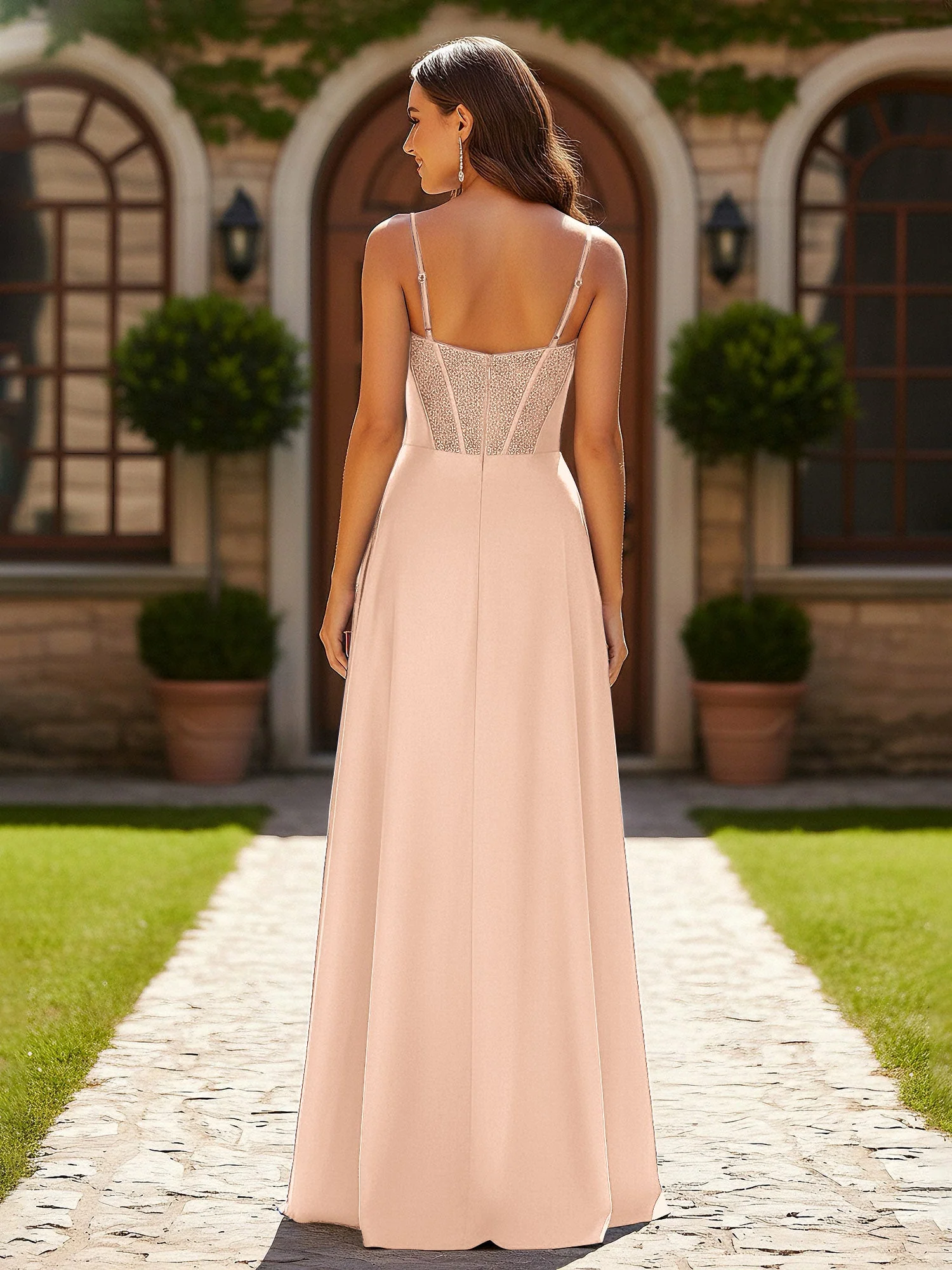 Perlen Korsett Oberteil Kleid mit hohem Beinschlitz Pfirsich - Image 2