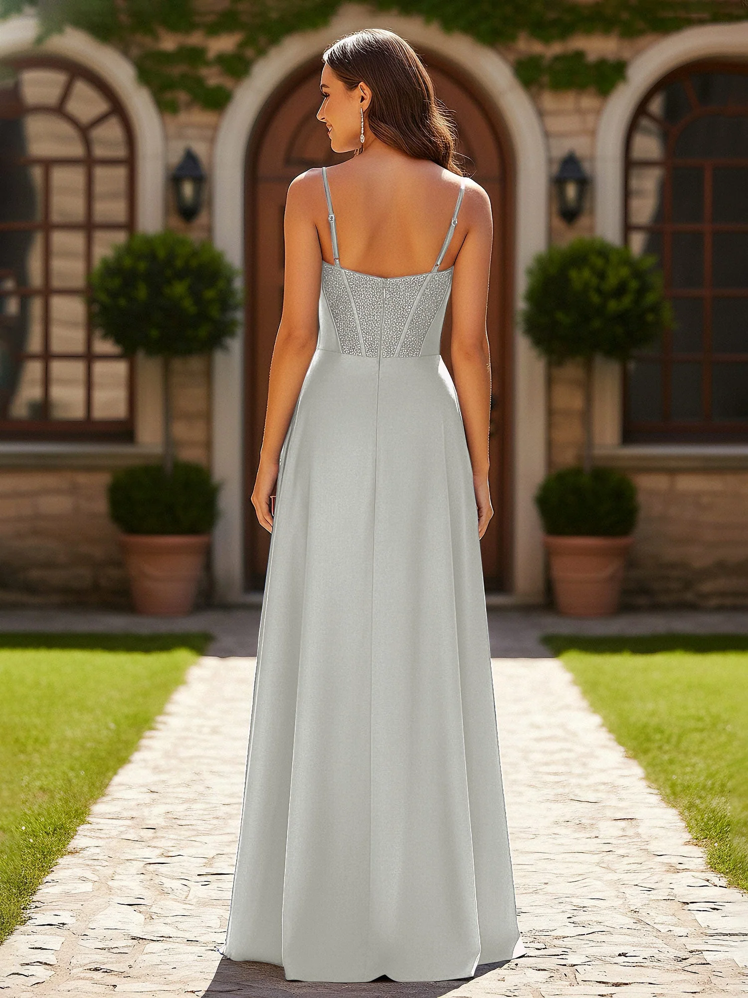 Perlen Korsett Oberteil Kleid mit hohem Beinschlitz Silber - Image 2