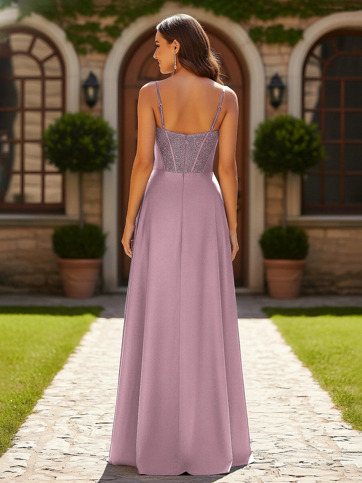 Perlen Korsett Oberteil Kleid mit hohem Beinschlitz Vintage Mauve - Image 2