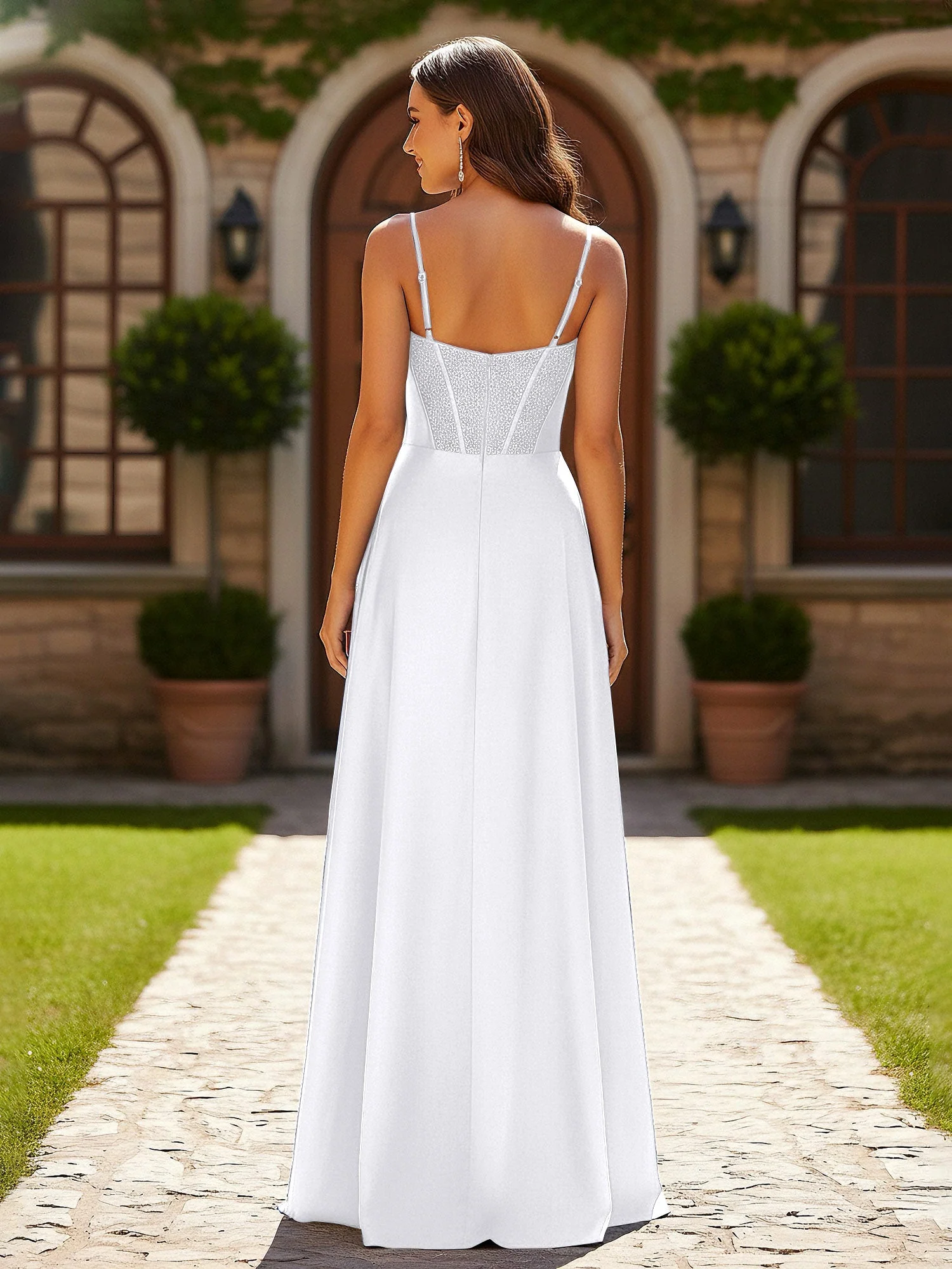 Perlen Korsett Oberteil Kleid mit hohem Beinschlitz Weiß - Image 2