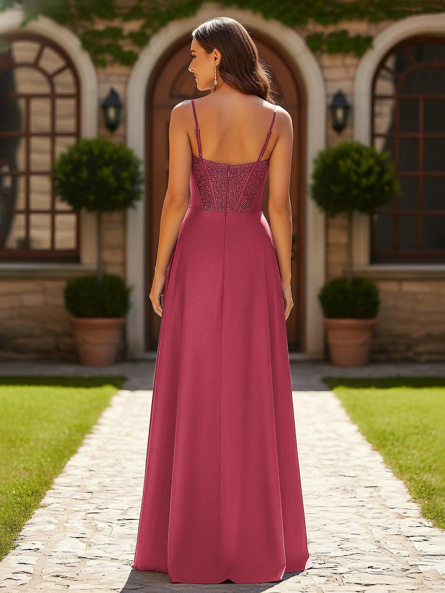 Perlen Korsett Oberteil Kleid mit hohem Beinschlitz Zimtrose - Image 2