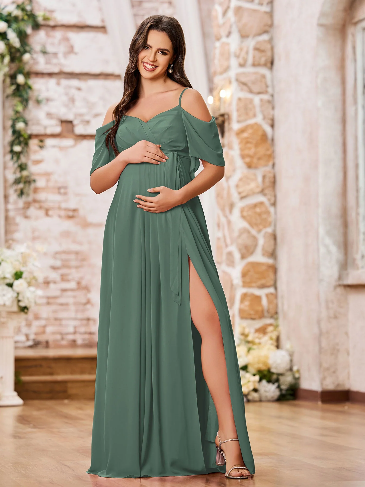 Herzausschnitt Spaghettiträger Empire Chiffon Umstandskleider Eukalyptus