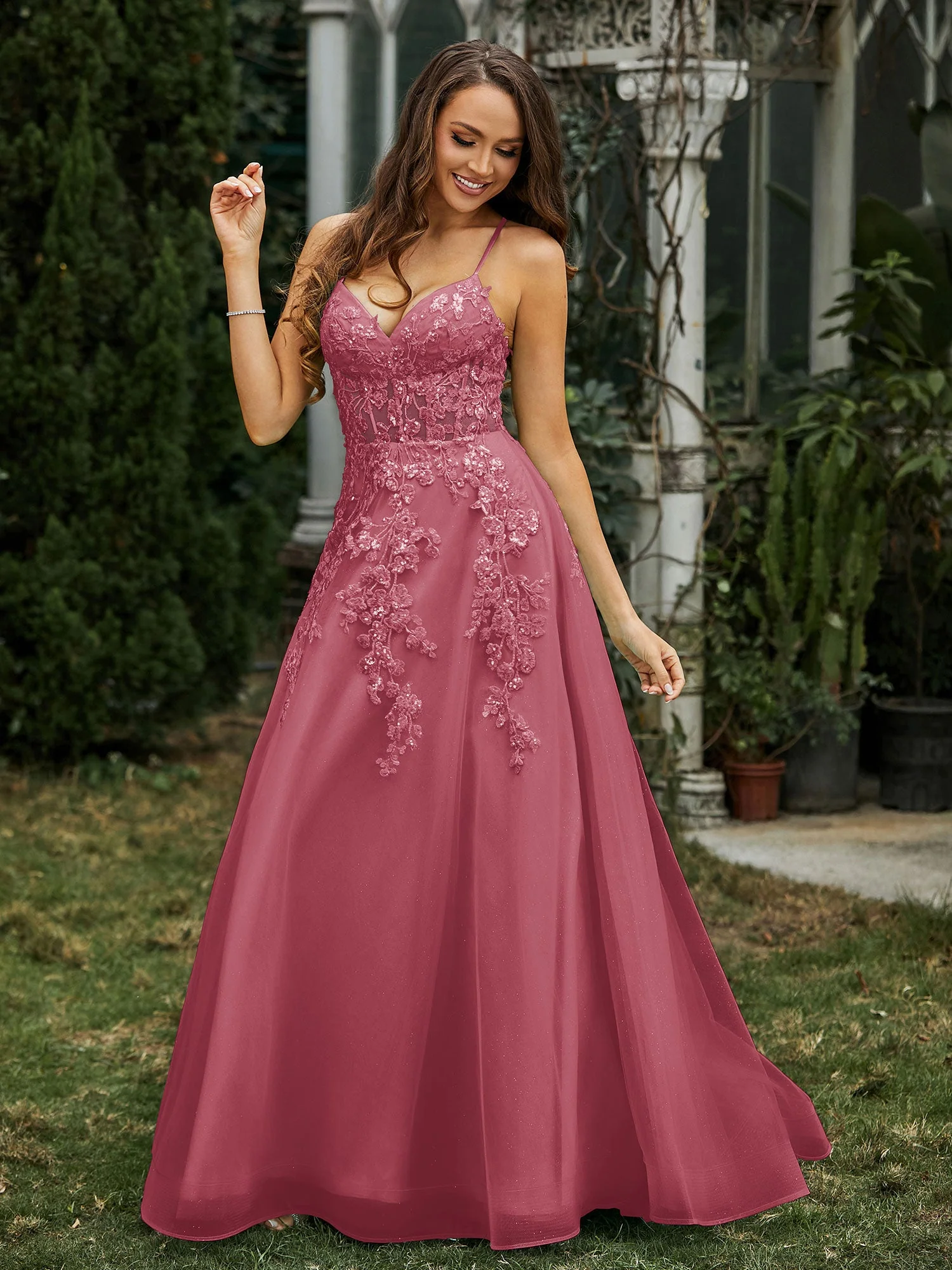 Herzform Applique Oberteil Sweep-Zug Kleid Zimtrose Übergröße