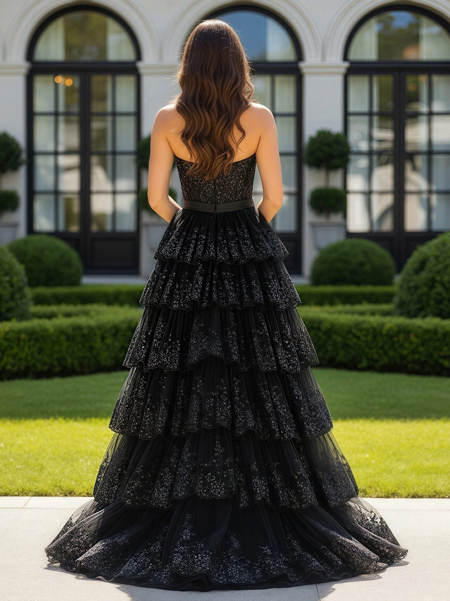 Herzform Ausschnitt Pailletten Stufen Tüll Kleid mit Schleife Schwarz - Image 2