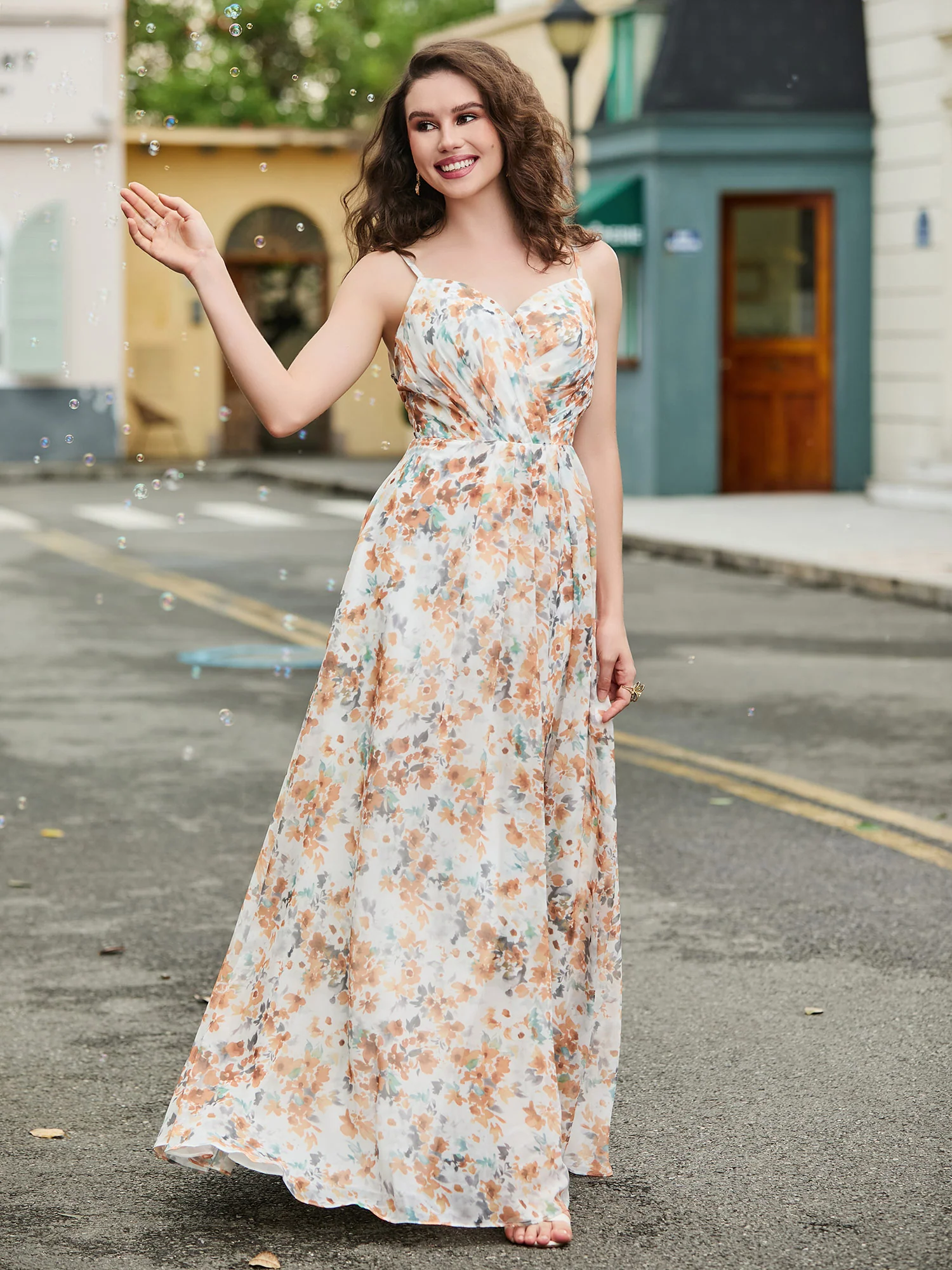 Herzform Plissee Bodenlang Kleid mit Schlitz Sunset Blumen - Image 4