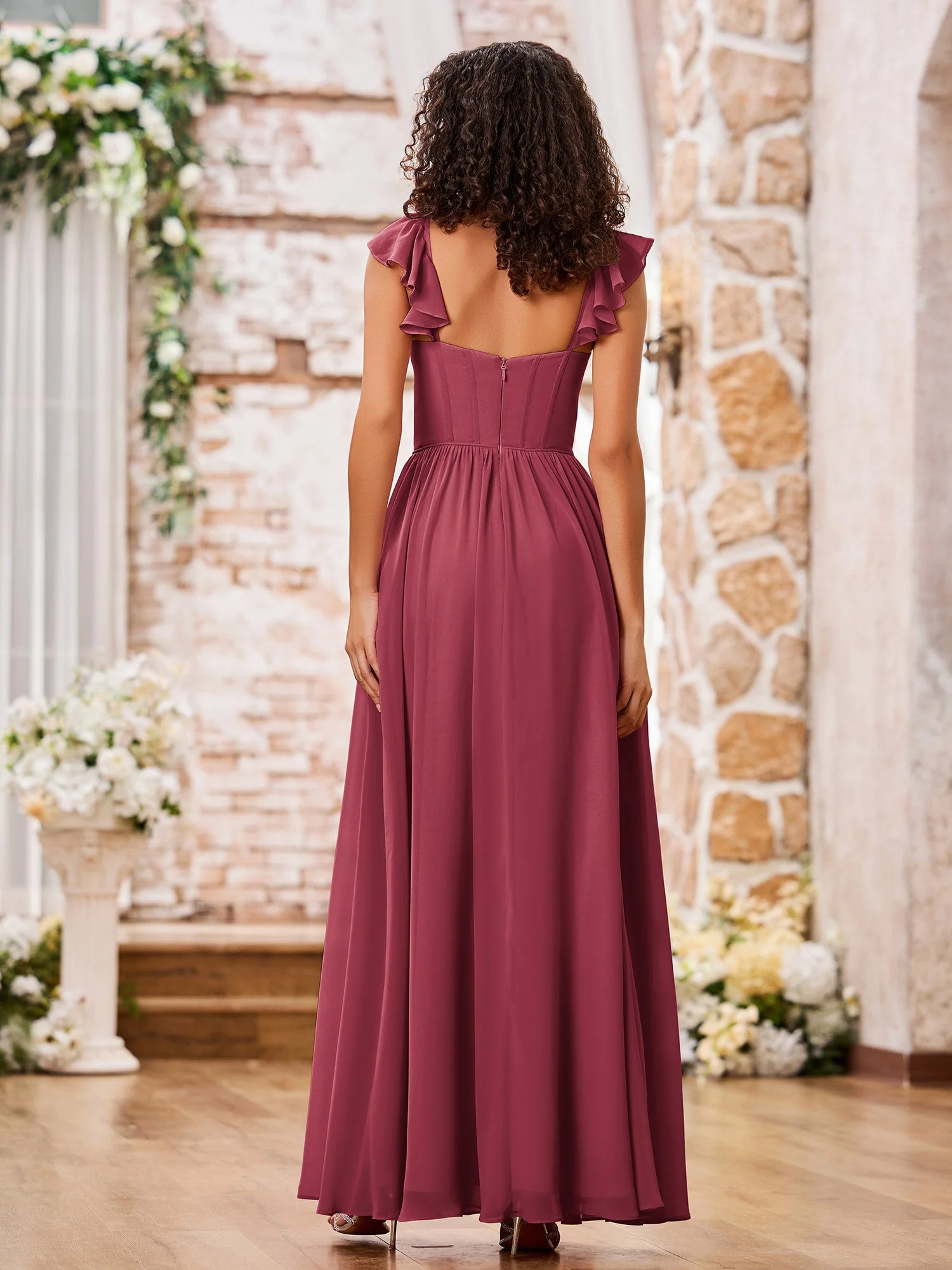 Herzform Rüschen Schulterträger Chiffon Boho Kleider Zimtrose - Image 2