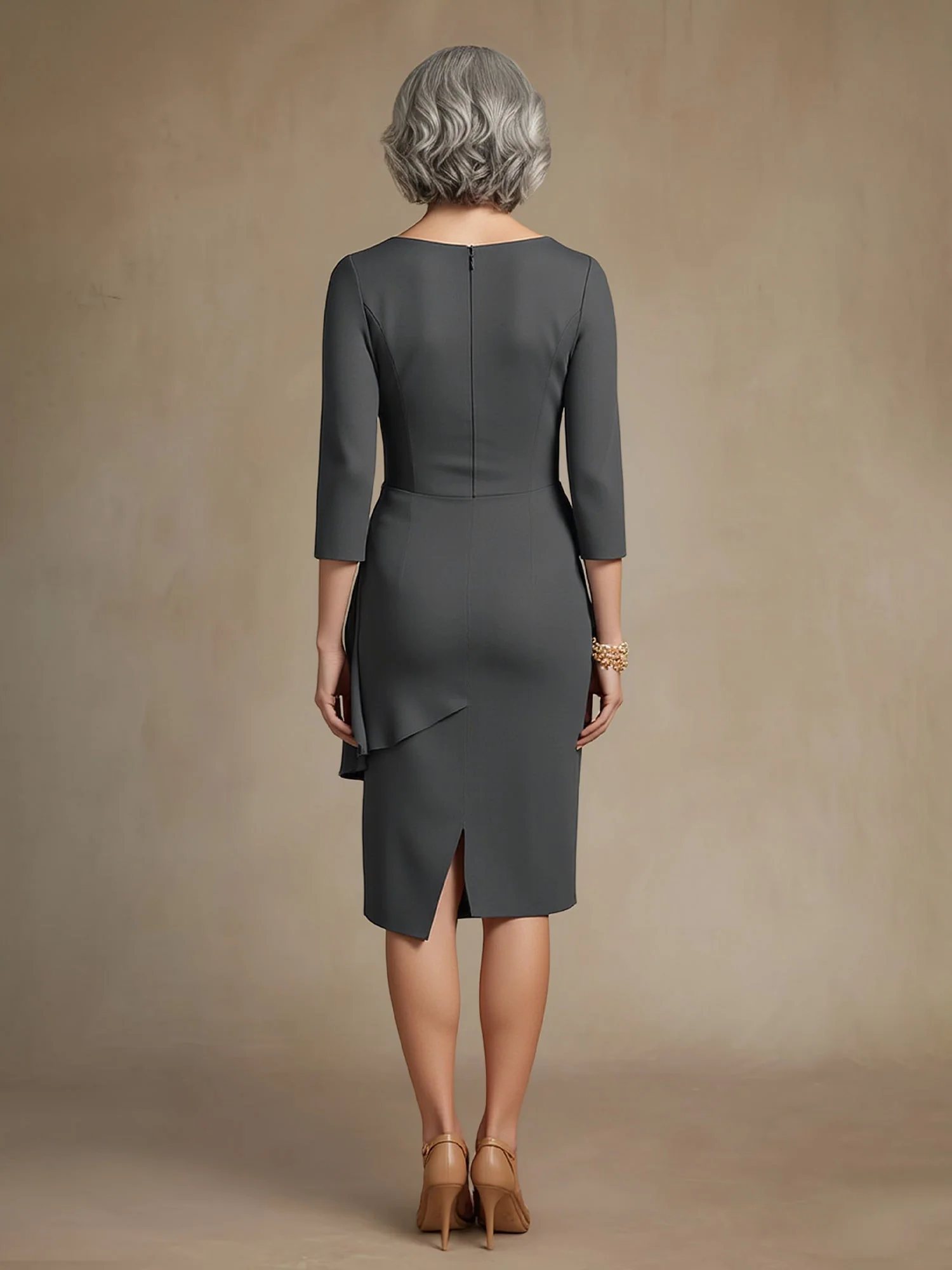 Scoop Ausschnit 3/4 Ärmel Illusion Kleid Dunkelmarine - Image 2