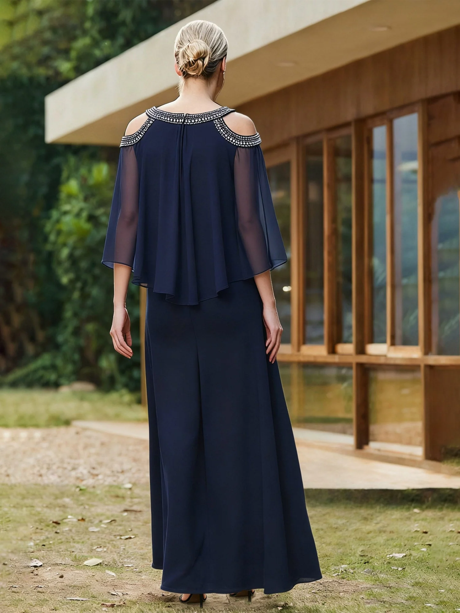 Schmuck Ausschnitt Hohl Schulter Overlay Maxi Kleid Dunkelmarine - Image 2