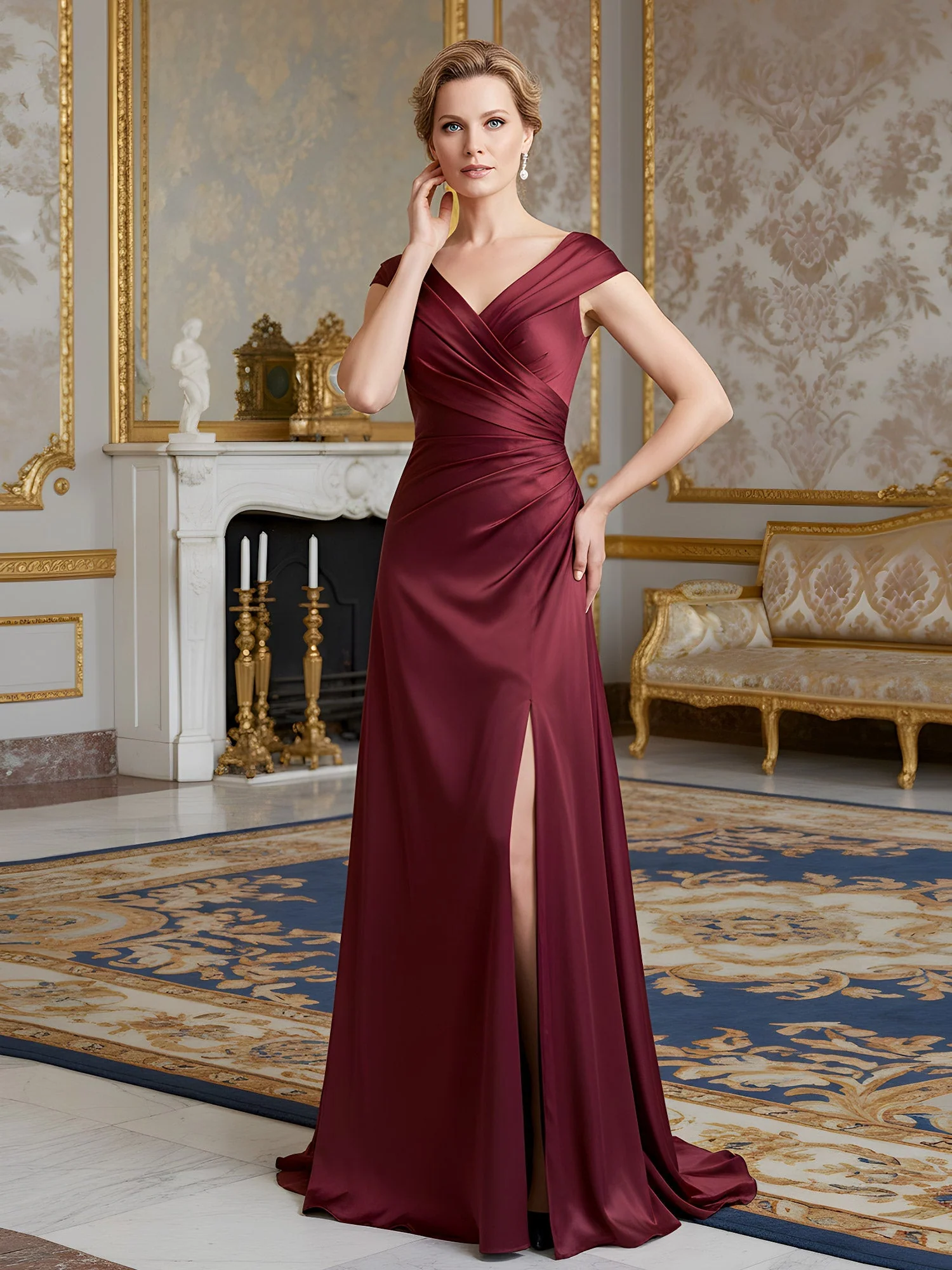 Cap Ärmel Säule Kleid mit drapiertem V-Ausschnitt Oberschenkel Schlitz Perlrosa