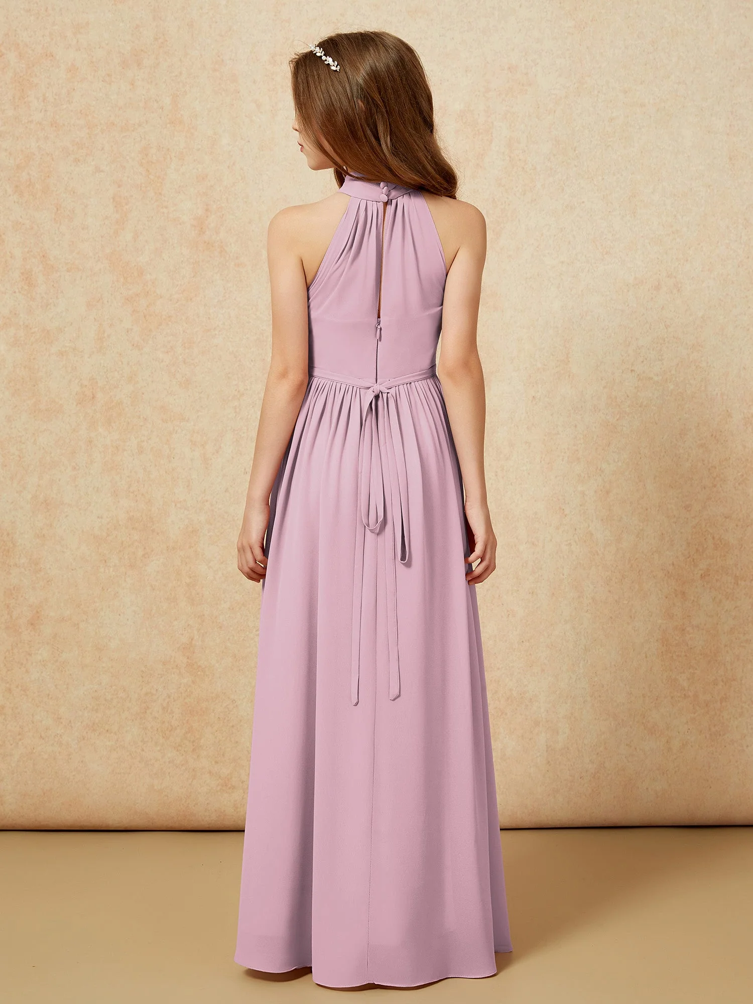 Hoher Ausschnitt Lang Junge Brautjungfernkleider mit Schlitz Vintage Mauve - Image 2