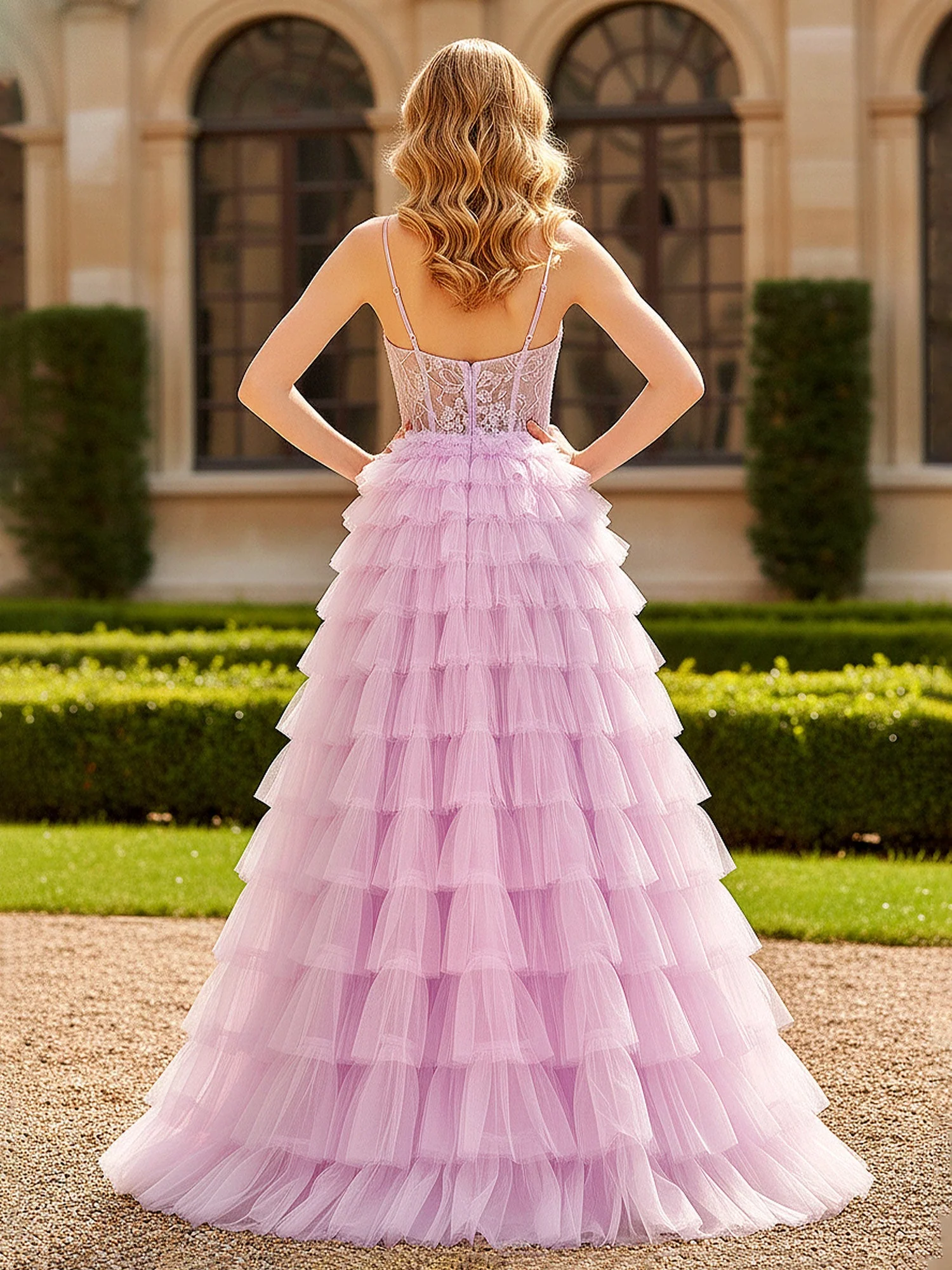 Stufen Rüschen Tüll Ballkleid mit schierem Oberteil Lila - Image 2