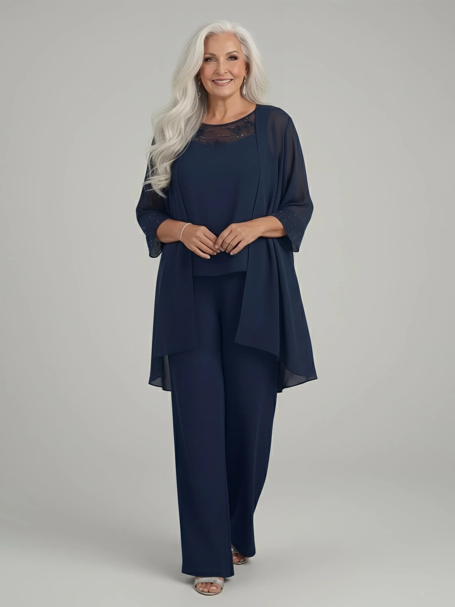 Chiffon Breit Bein Hosen Anzug mit langer Duster Jacke Dunkelmarine