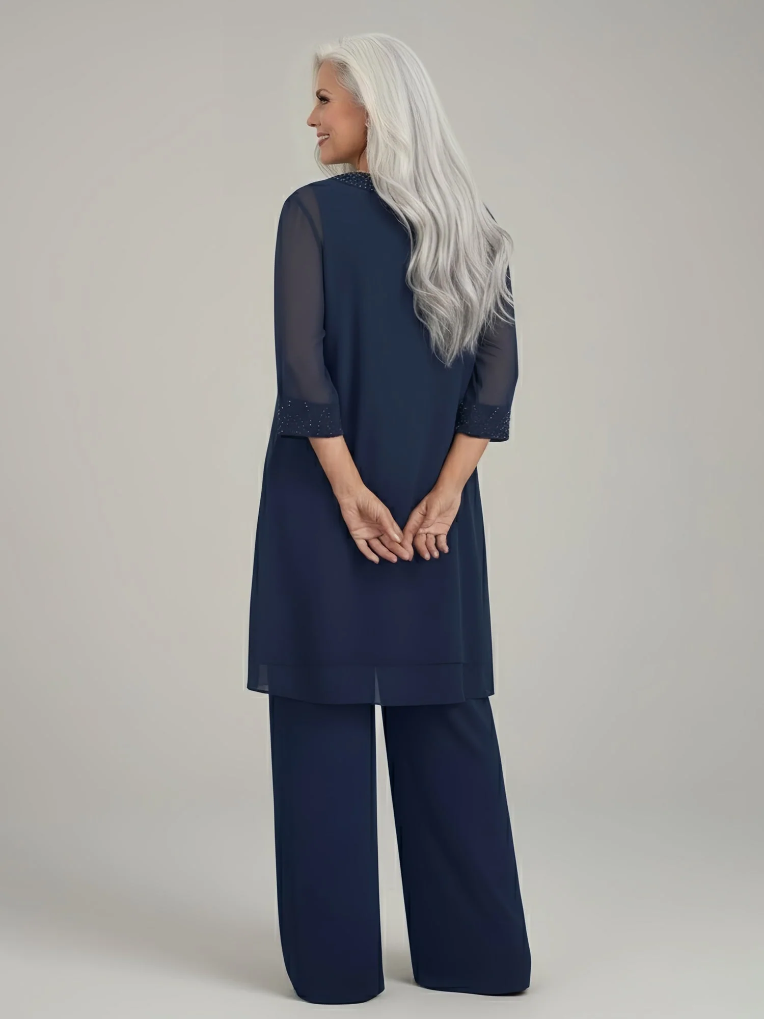Chiffon Breit Bein Hosen Anzug mit langer Duster Jacke Dunkelmarine - Image 2