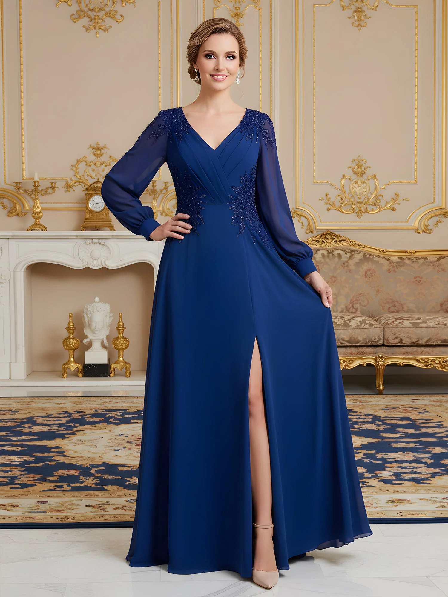 Langarm Chiffon A-Linie Kleid mit Perlen Illusion Oberteil Dunkelmarine