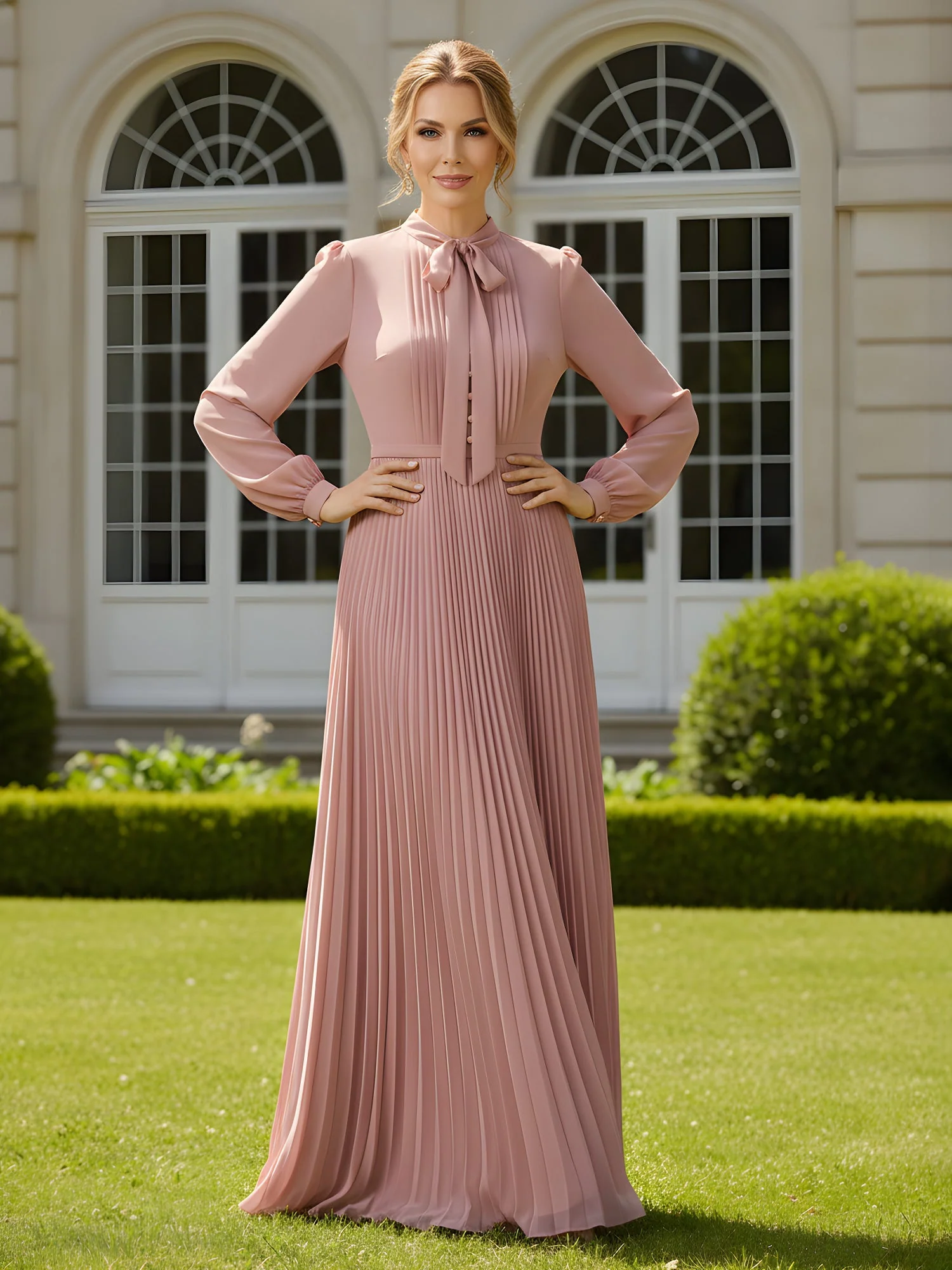 Chiffon Plissee Maxi Kleid mit Pussy-Fliege Krawatte Olivgrün