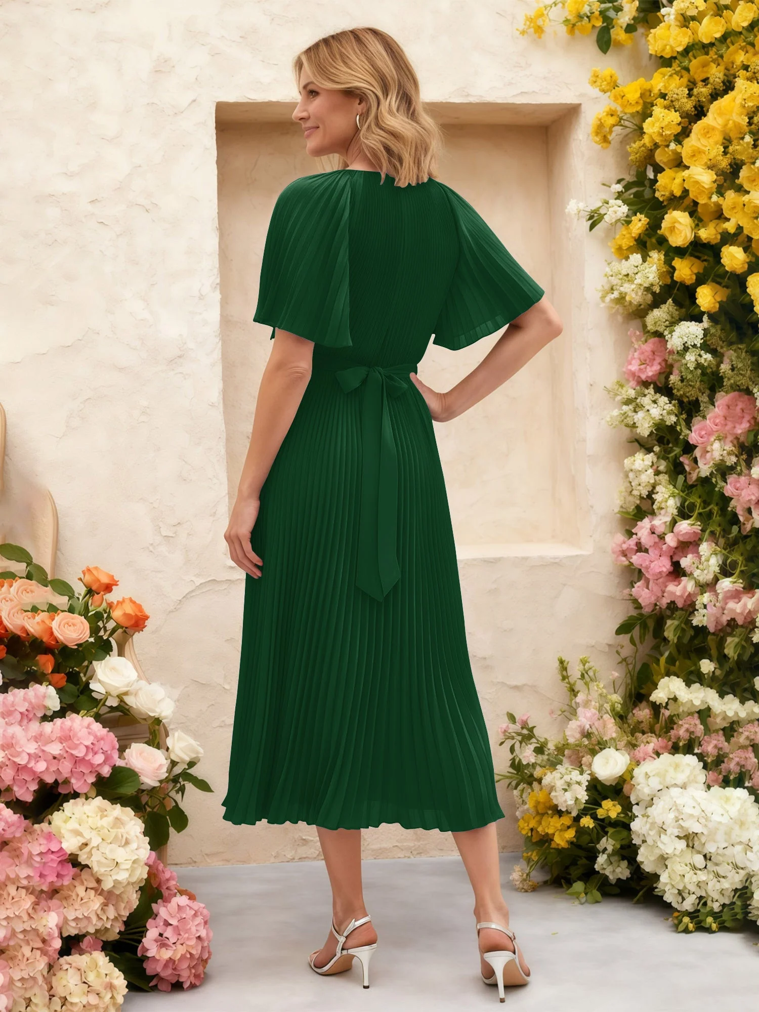 Chiffon Plissee Midi Kleid mit Blumen Taille Detail Dunkelgrün - Image 2