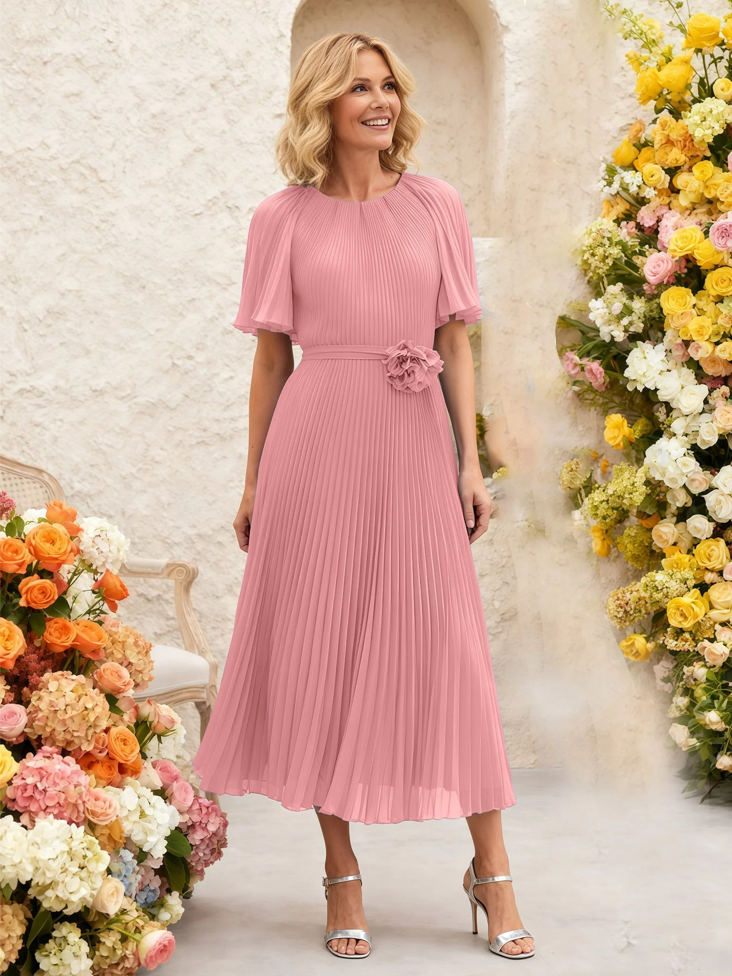 Chiffon Plissee Midi Kleid mit Blumen Taille Detail Flamingo
