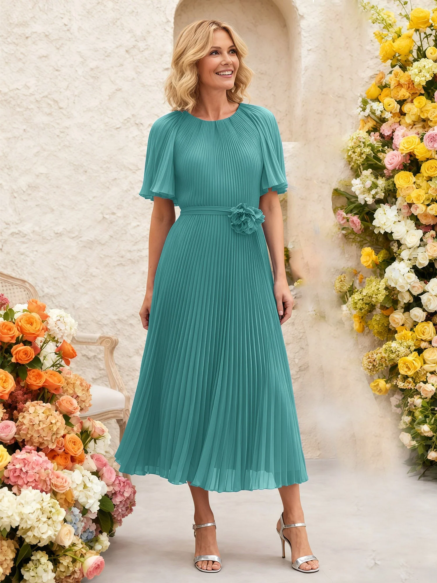 Chiffon Plissee Midi Kleid mit Blumen Taille Detail Jade