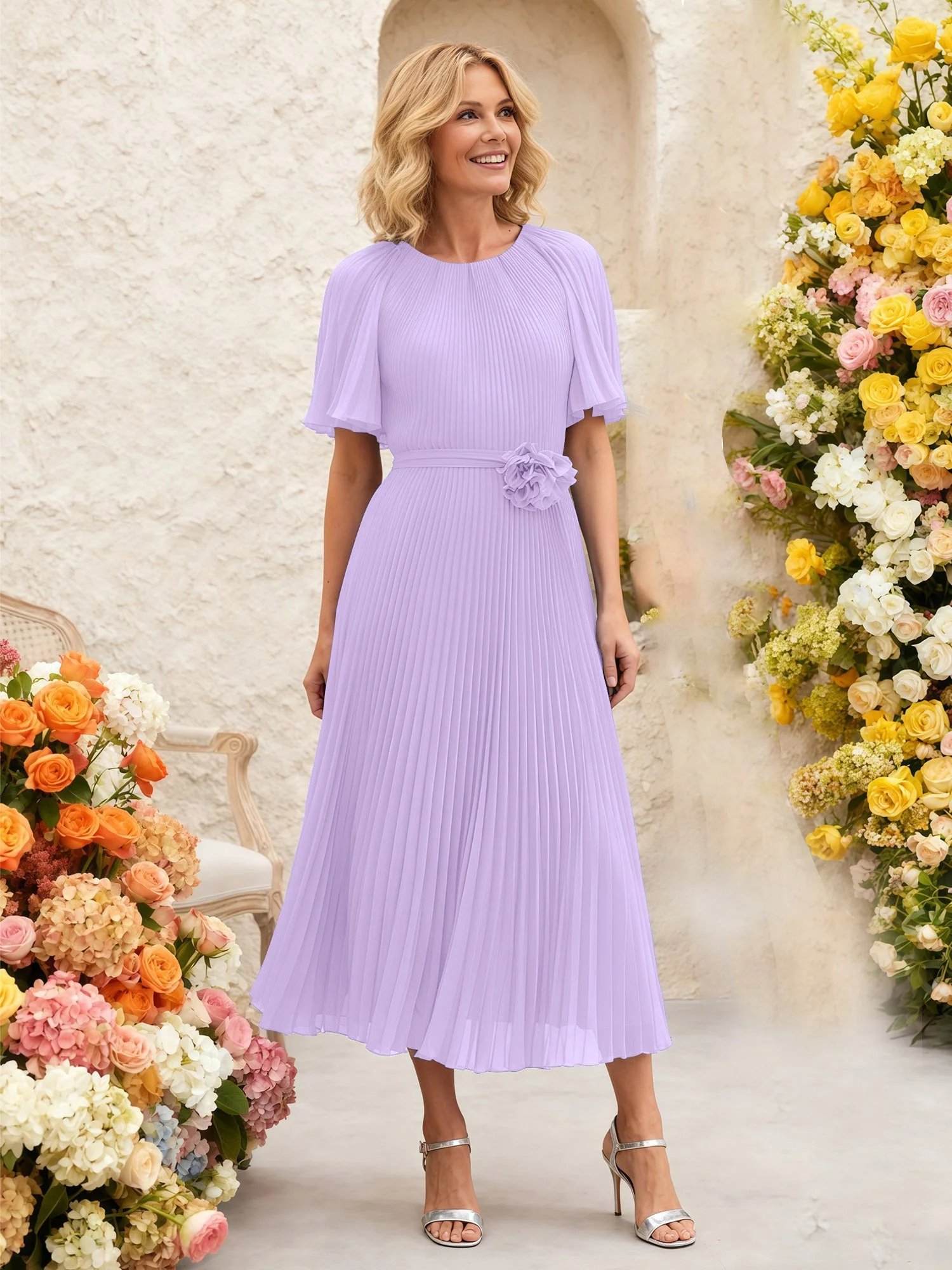Chiffon Plissee Midi Kleid mit Blumen Taille Detail Lila