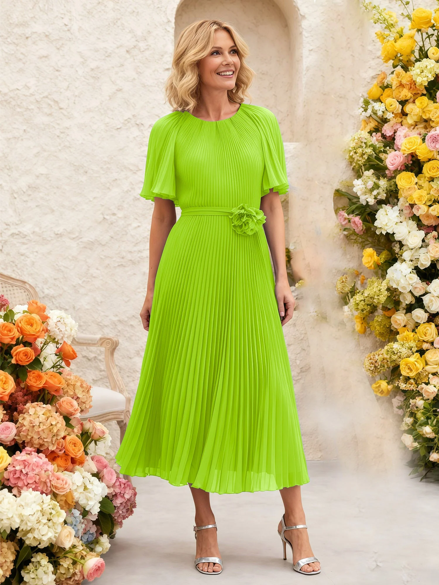 Chiffon Plissee Midi Kleid mit Blumen Taille Detail Lindgrün