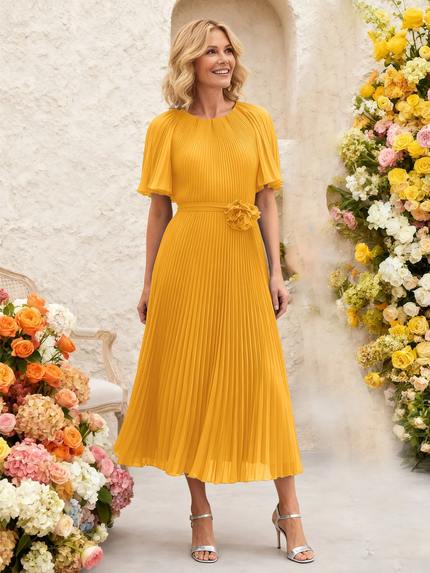 Chiffon Plissee Midi Kleid mit Blumen Taille Detail Mandarine