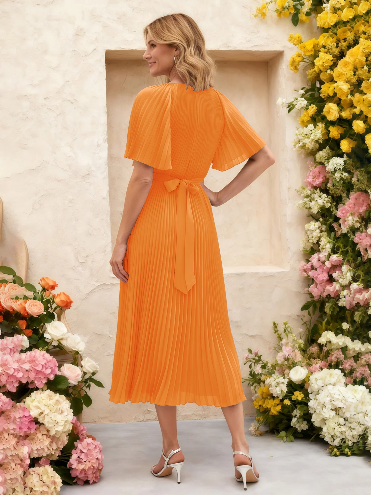 Chiffon Plissee Midi Kleid mit Blumen Taille Detail Orange - Image 2