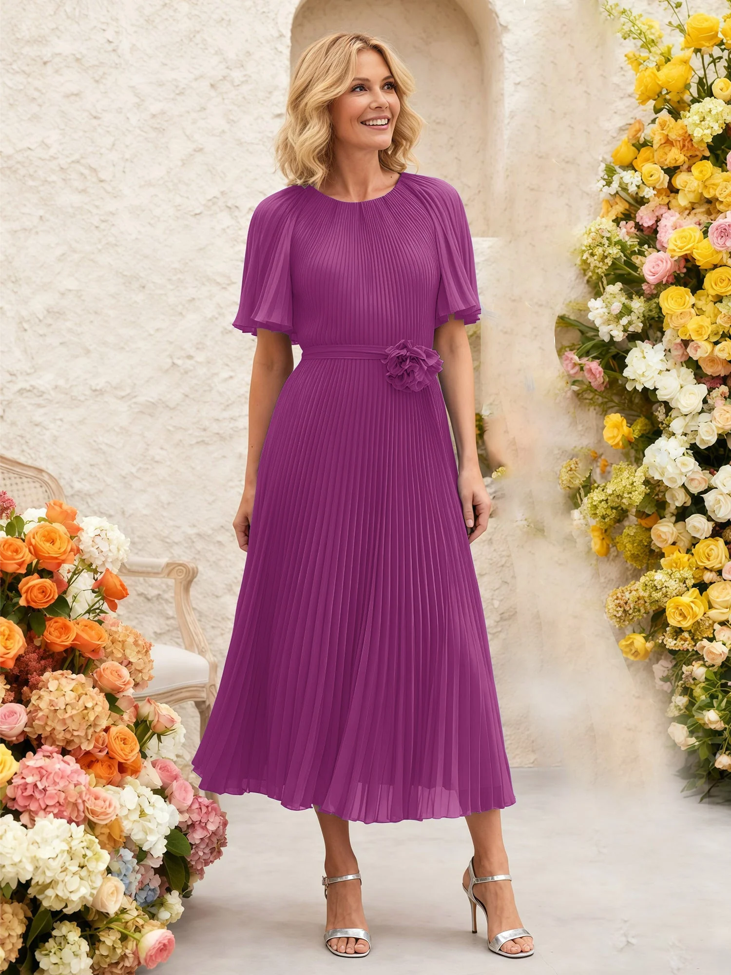 Chiffon Plissee Midi Kleid mit Blumen Taille Detail Orchidee