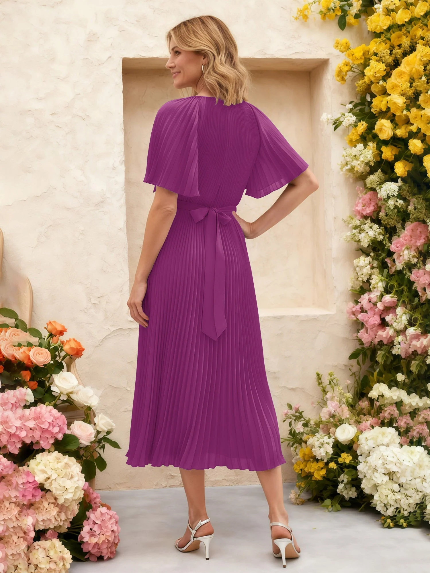 Chiffon Plissee Midi Kleid mit Blumen Taille Detail Orchidee - Image 2