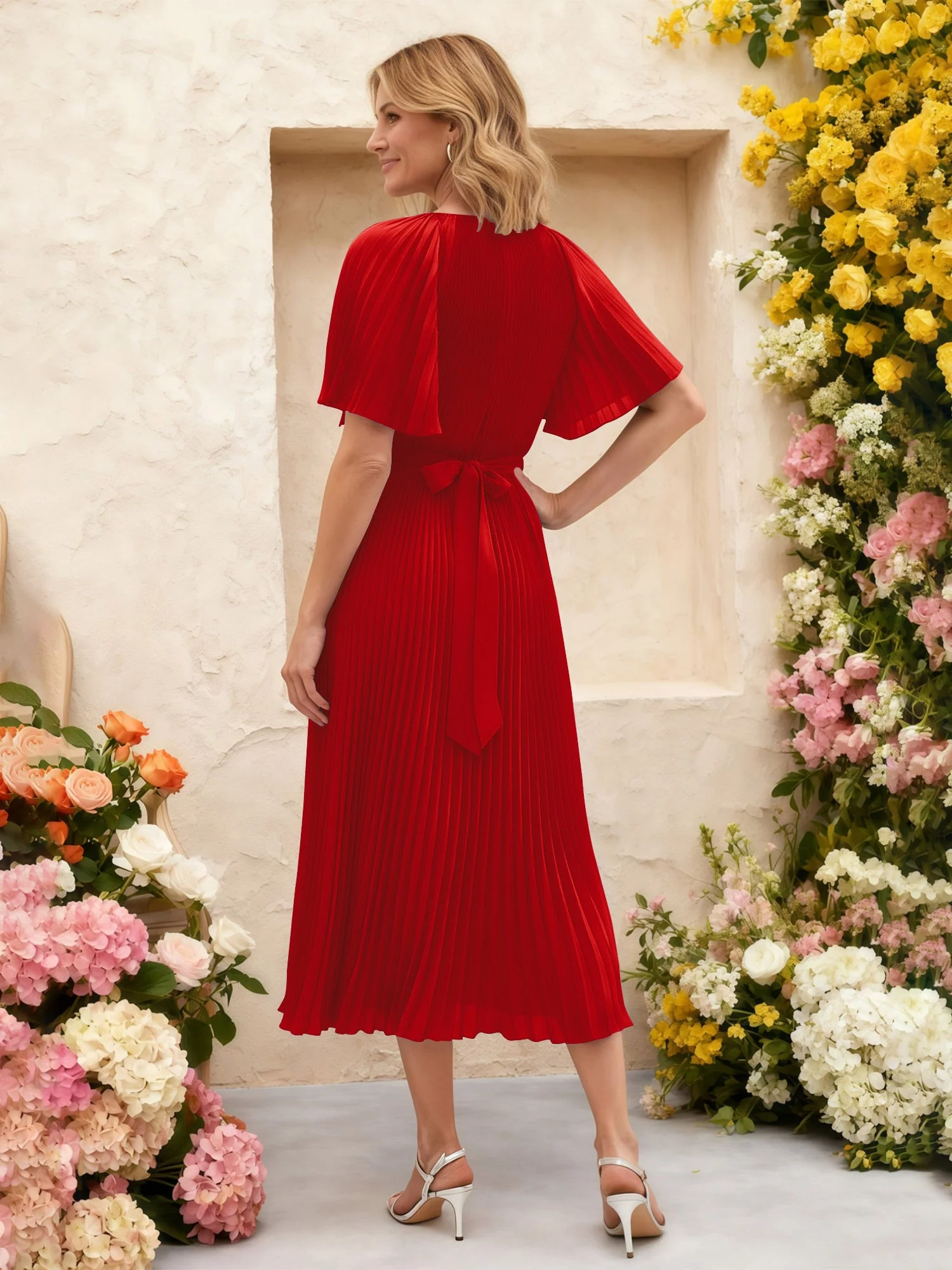 Chiffon Plissee Midi Kleid mit Blumen Taille Detail Rot - Image 2