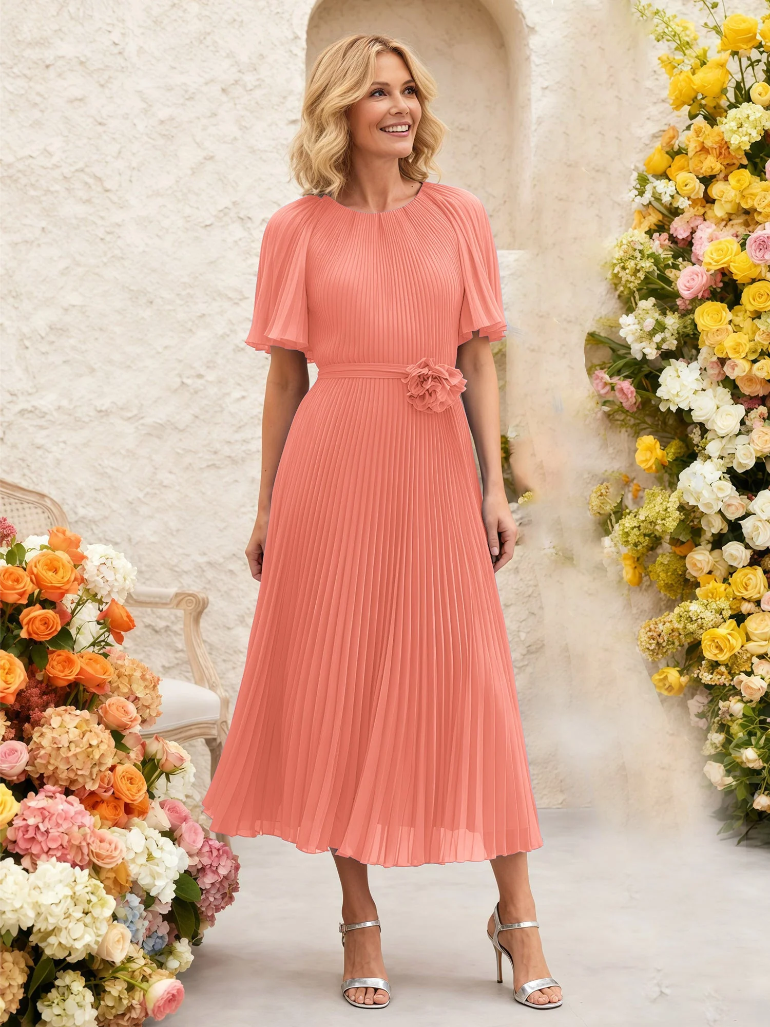 Chiffon Plissee Midi Kleid mit Blumen Taille Detail Sonnenuntergang
