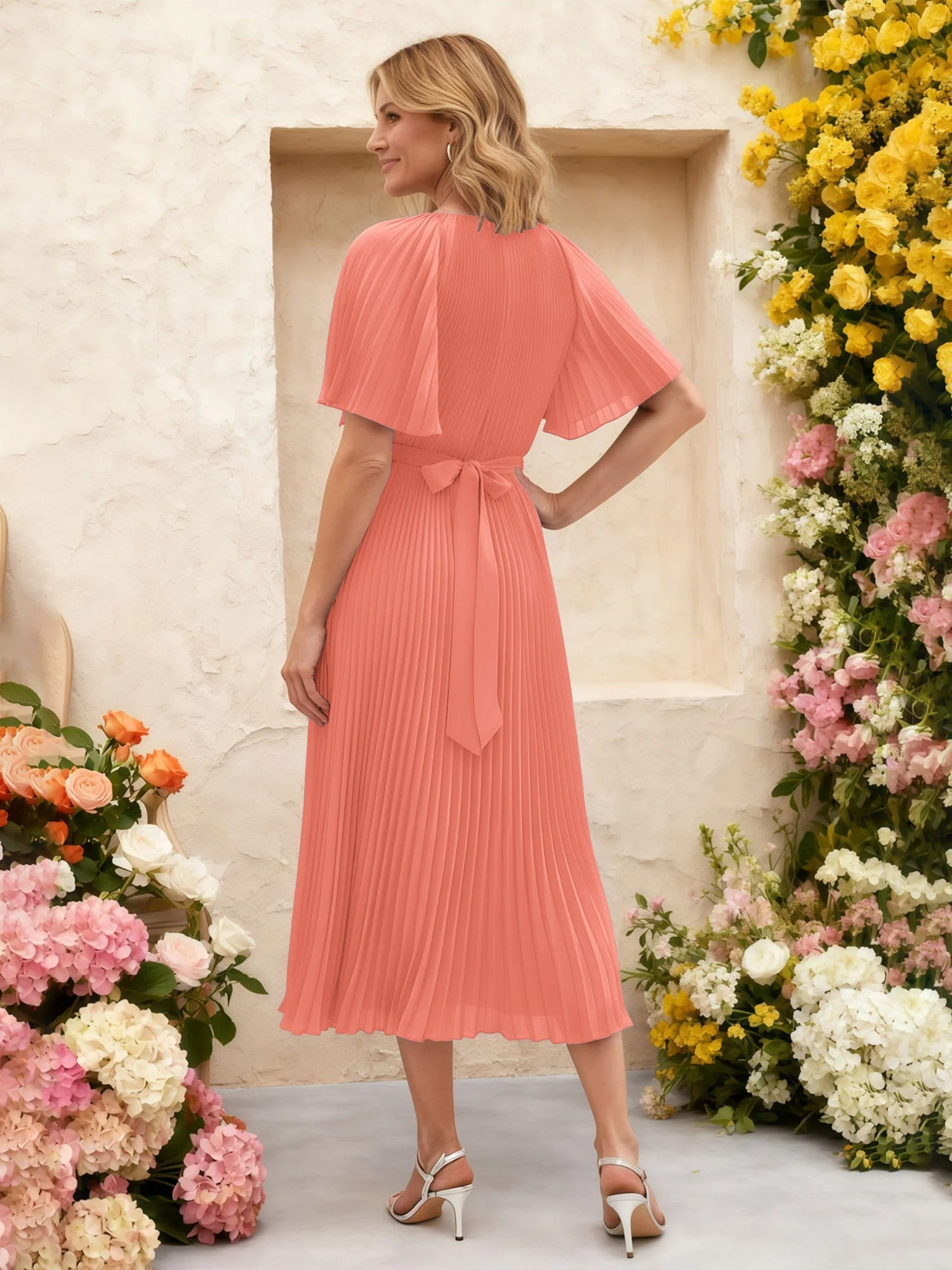 Chiffon Plissee Midi Kleid mit Blumen Taille Detail Sonnenuntergang - Image 2