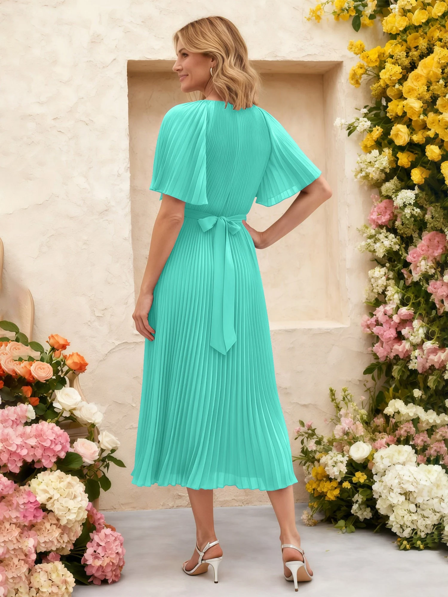 Chiffon Plissee Midi Kleid mit Blumen Taille Detail Spa - Image 2