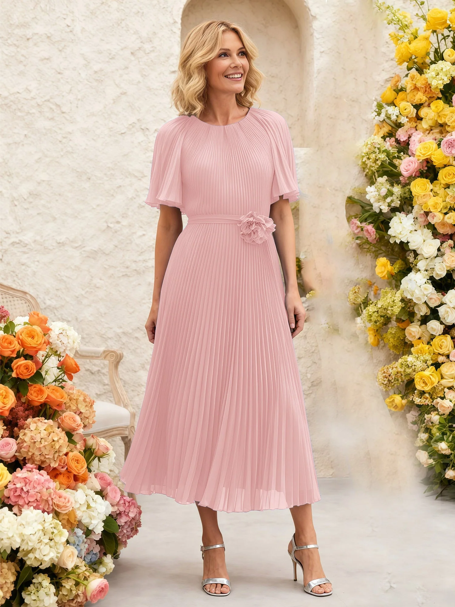 Chiffon Plissee Midi Kleid mit Blumen Taille Detail Staubige Rosa
