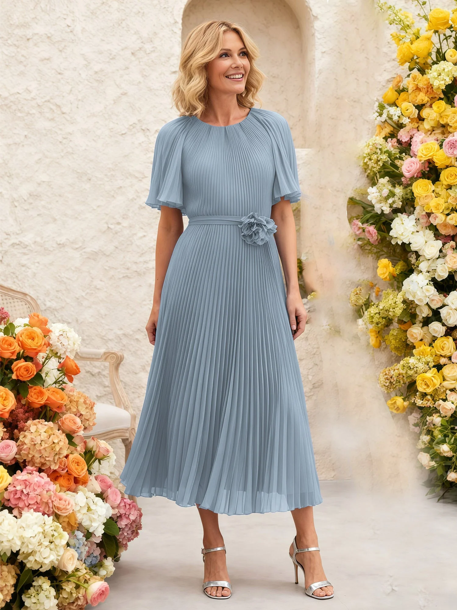 Chiffon Plissee Midi Kleid mit Blumen Taille Detail Staubiges Blau