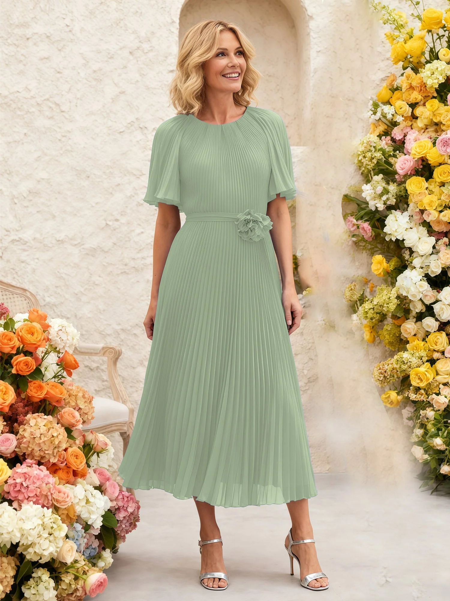 Chiffon Plissee Midi Kleid mit Blumen Taille Detail Staubiges Salbei