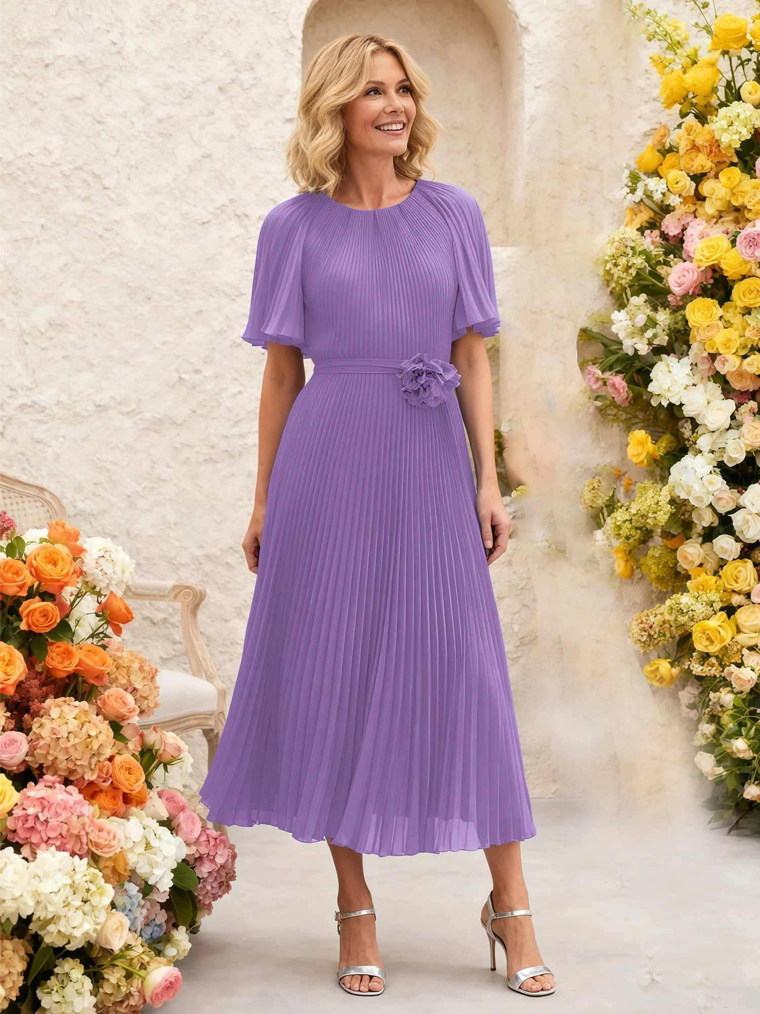 Chiffon Plissee Midi Kleid mit Blumen Taille Detail Tahiti