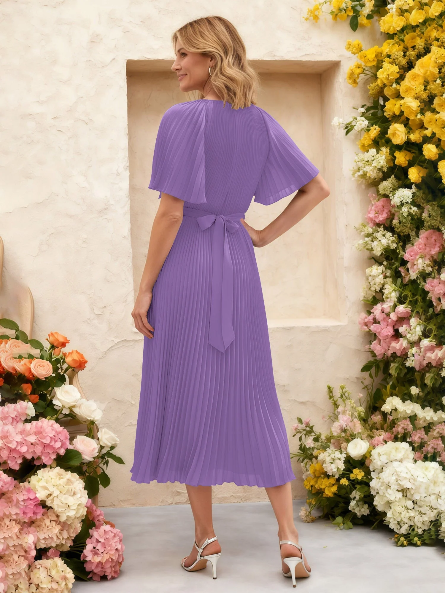 Chiffon Plissee Midi Kleid mit Blumen Taille Detail Tahiti - Image 2