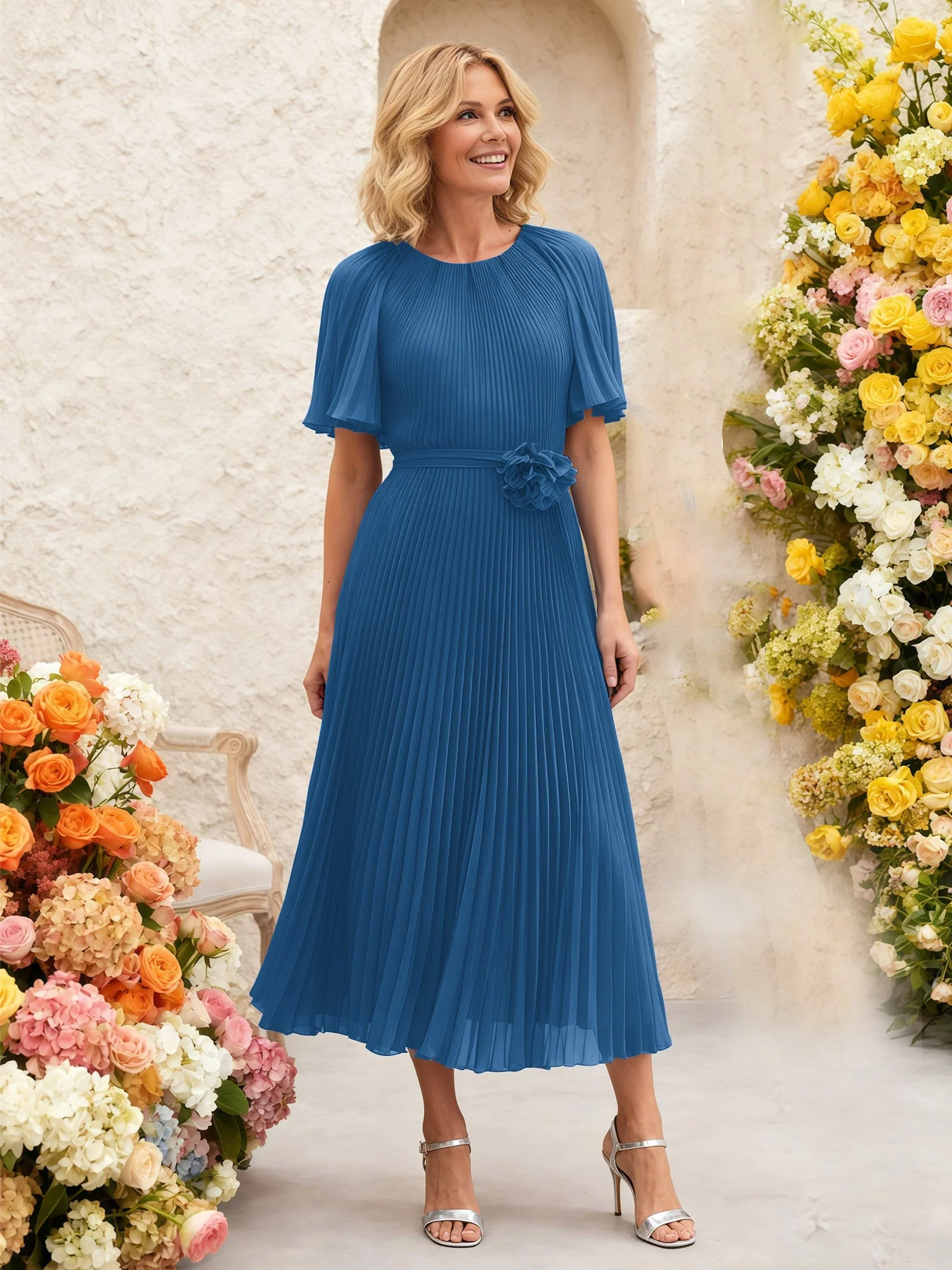 Chiffon Plissee Midi Kleid mit Blumen Taille Detail Tinte Blau