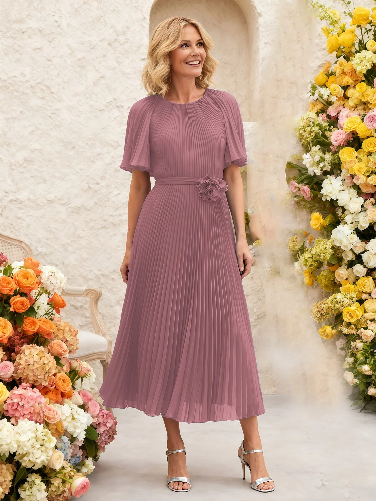 Chiffon Plissee Midi Kleid mit Blumen Taille Detail Vintage Mauve