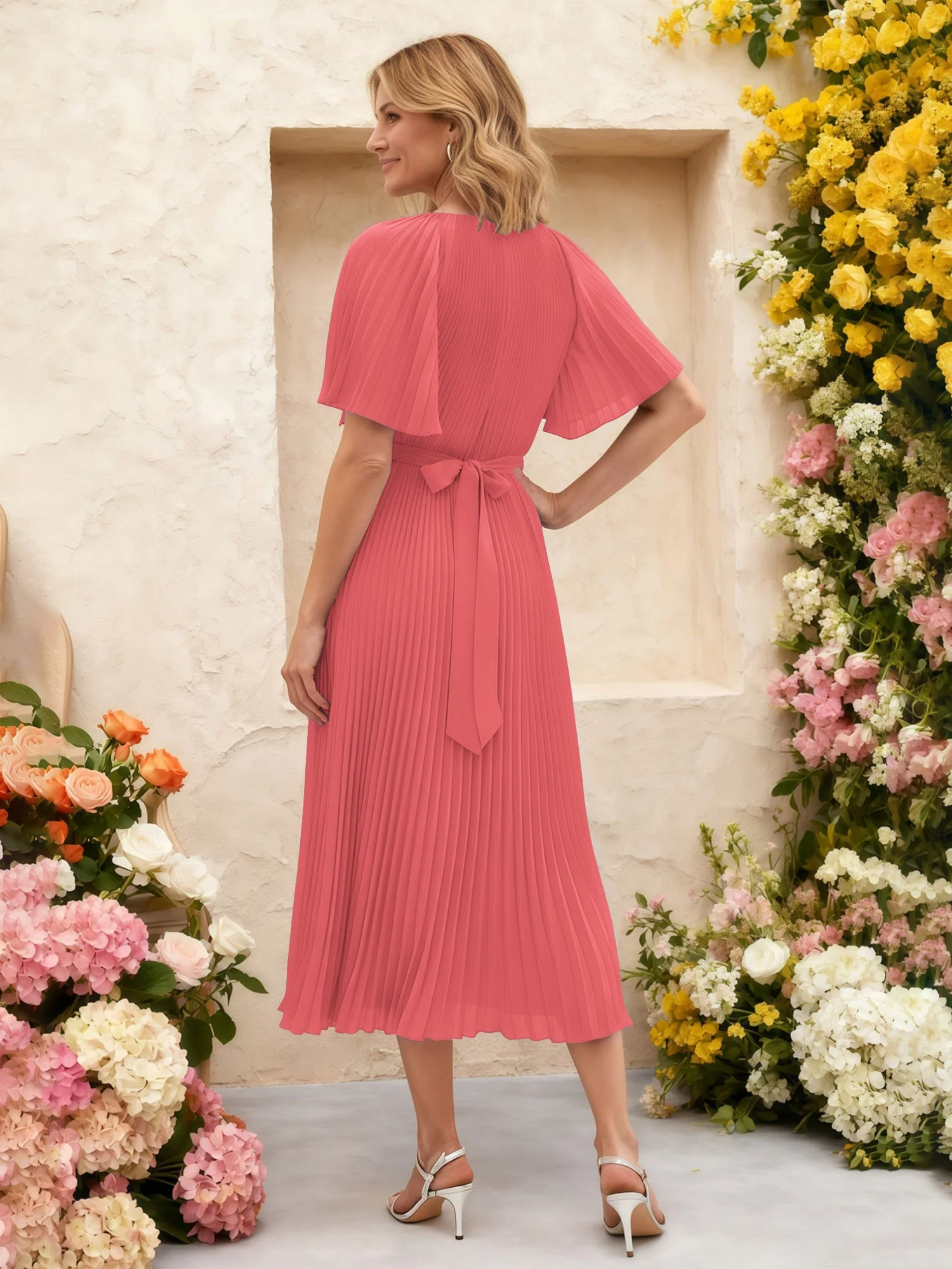 Chiffon Plissee Midi Kleid mit Blumen Taille Detail Wassermelone - Image 2