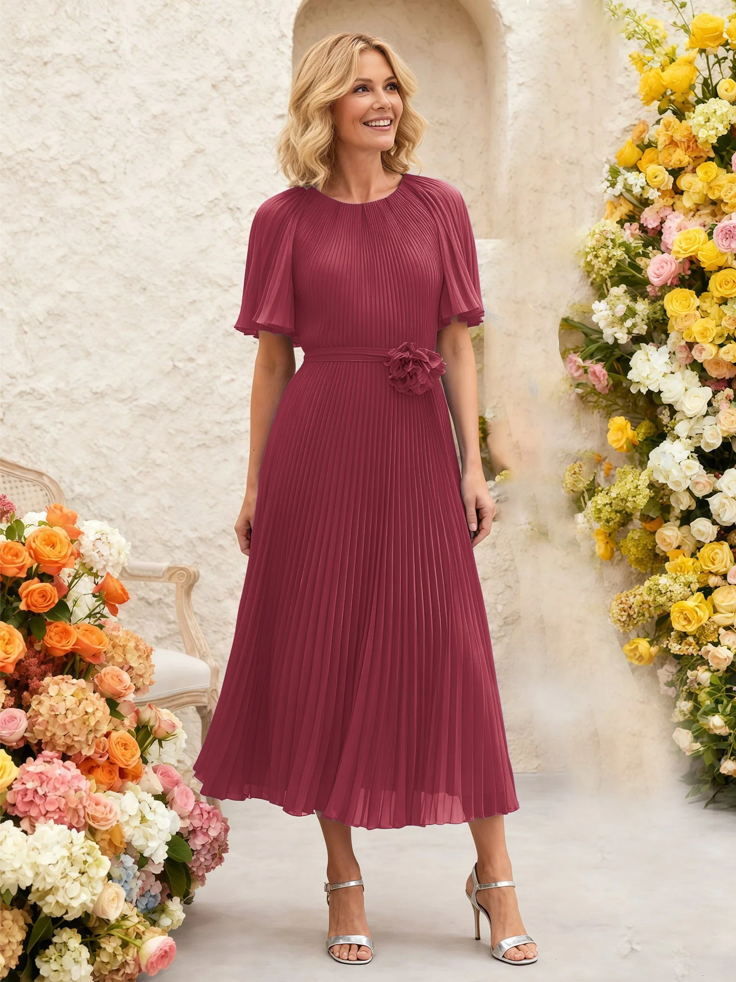 Chiffon Plissee Midi Kleid mit Blumen Taille Detail Zimtrose