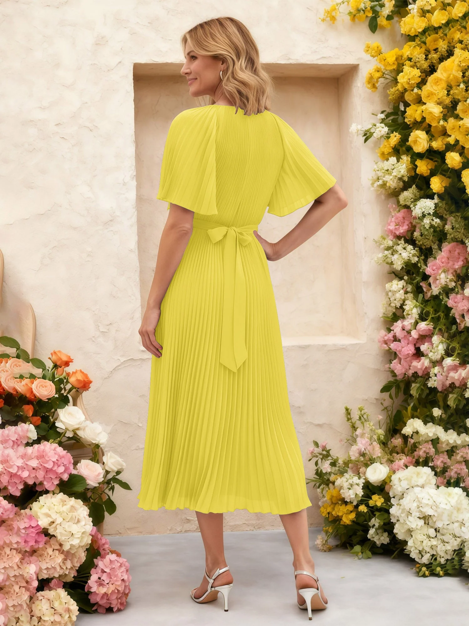 Chiffon Plissee Midi Kleid mit Blumen Taille Detail Zitrone - Image 2
