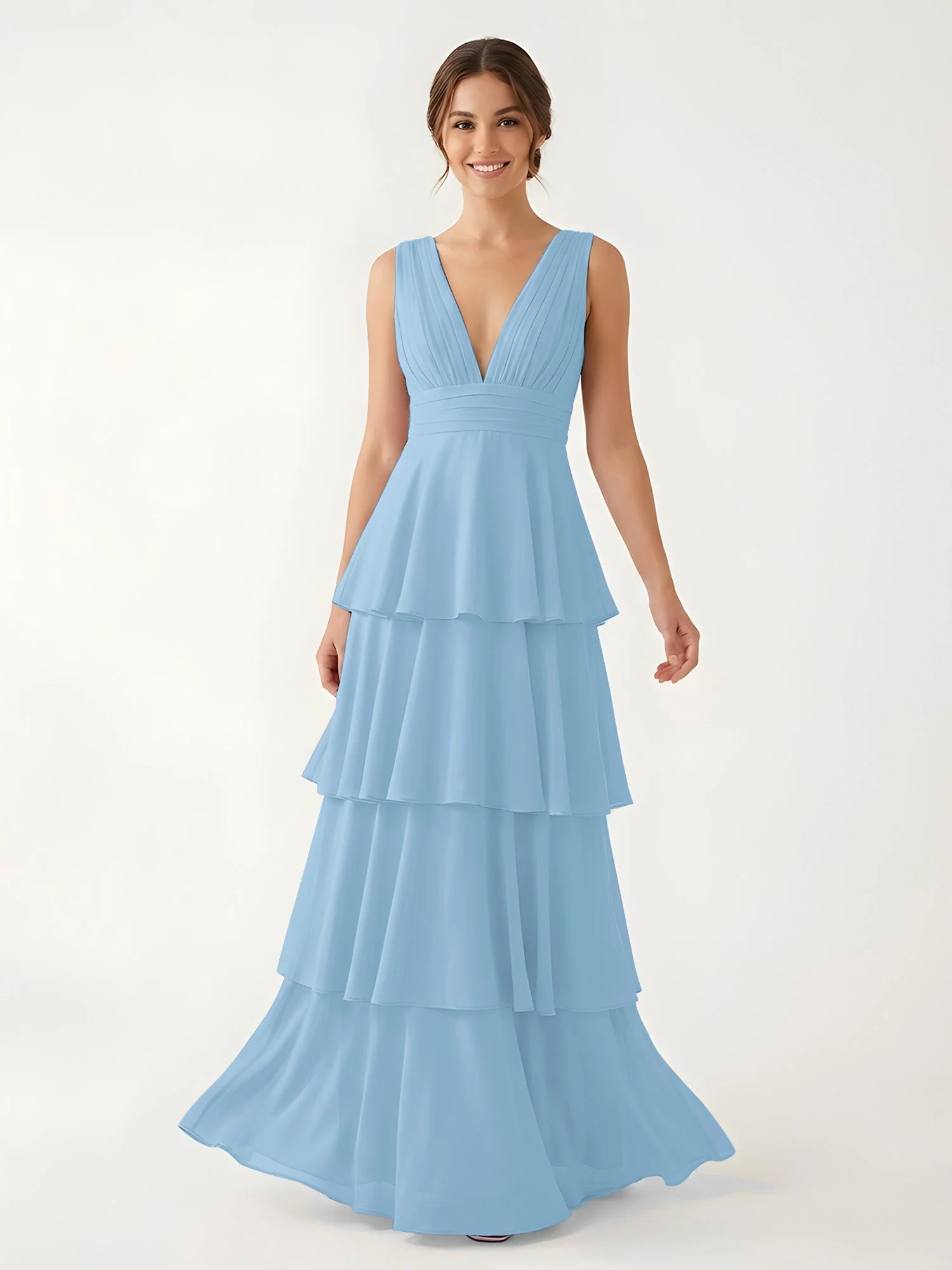 Gestuftes Chiffon Maxikleid mit Tiefem V-Ausschnitt Blau